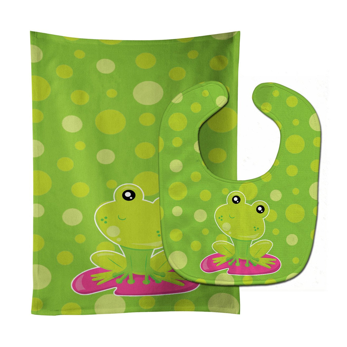 Frog on Lily Pad Green Polkadots Baby Bib &amp; Burp Cloth BB7098STBU by Caroline&#39;s Treasures