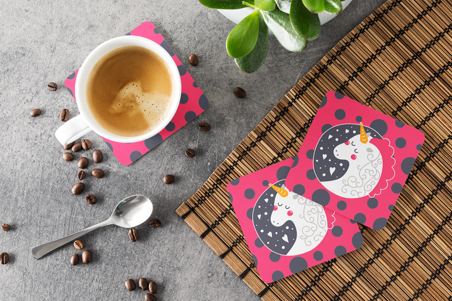 Caroline's Treasures Unicorn Pink Polkadots Foam Coaster BB7136FC