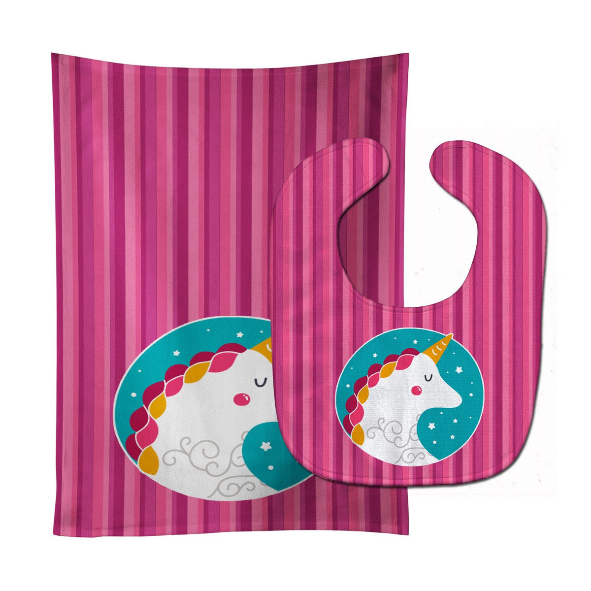Unicorn Pink Stripes Baby Bib &amp; Burp Cloth BB7139STBU by Caroline&#39;s Treasures
