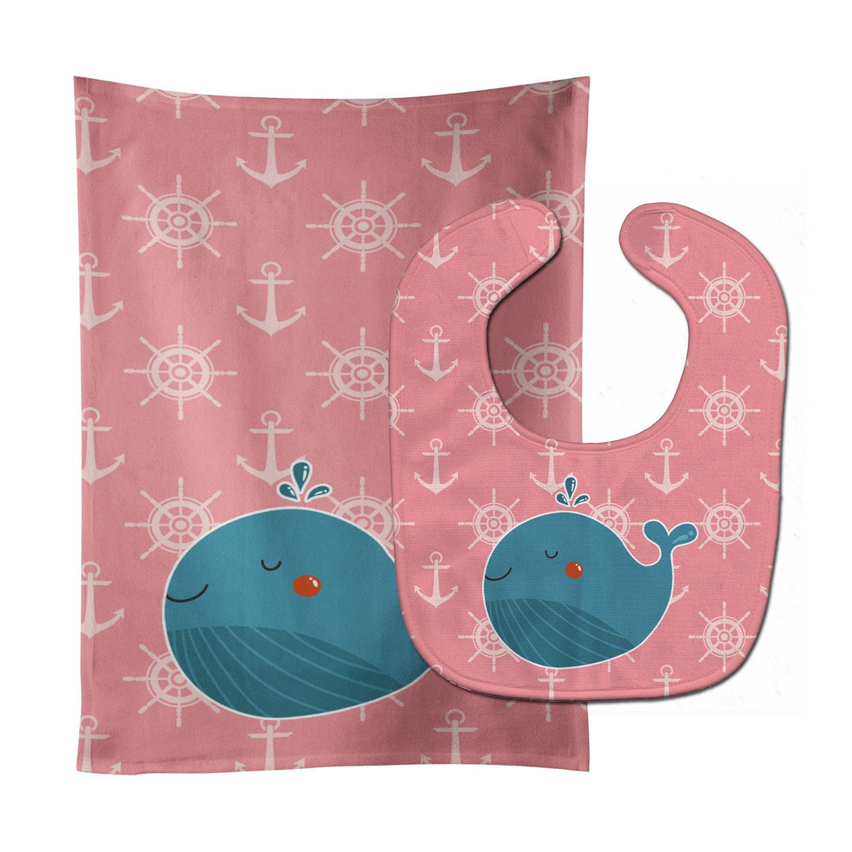 Whale on Pink Nautical Baby Bib &amp; Burp Cloth BB7160STBU by Caroline&#39;s Treasures
