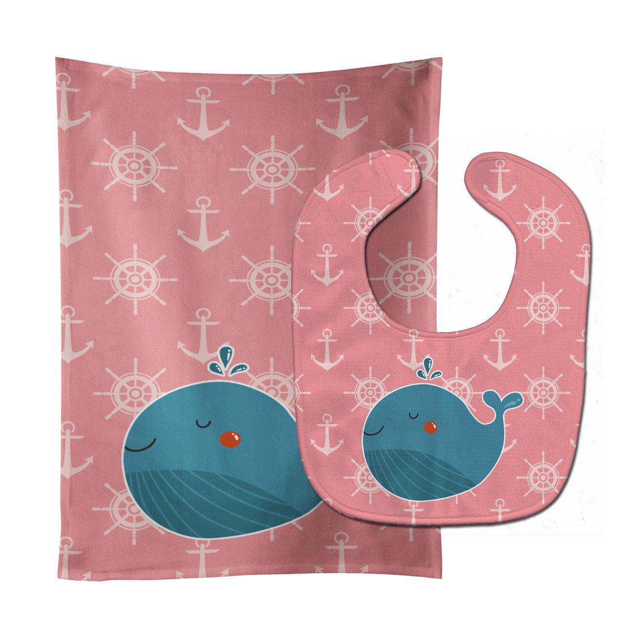 Whale on Pink Nautical Baby Bib & Burp Cloth BB7160STBU by Caroline's Treasures