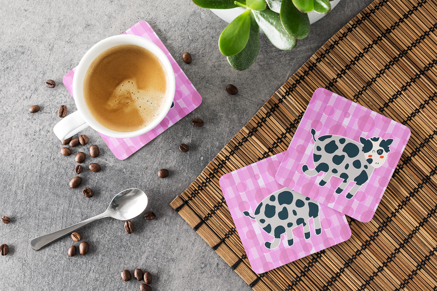 Cow on Pink Polkadots Foam Coaster Set of 4 BB7162FC - the-store.com