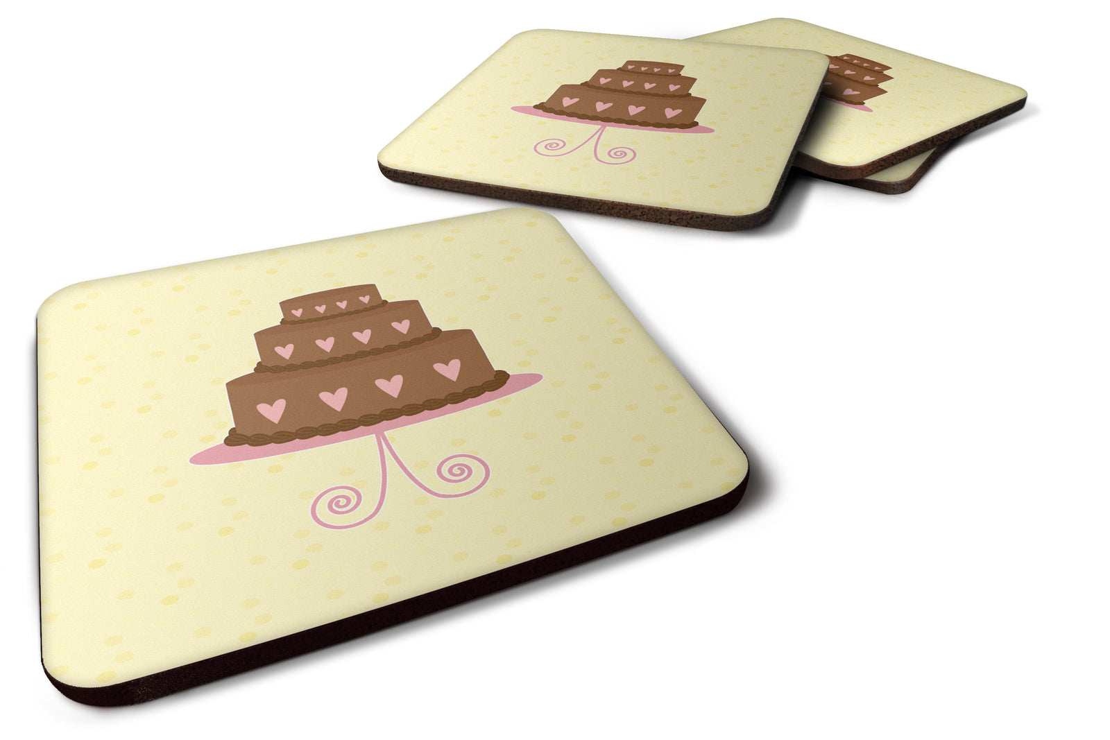 3 Tier Heart Chocolate Cake on Yellow Foam Coaster Set of 4 BB7288FC - the-store.com