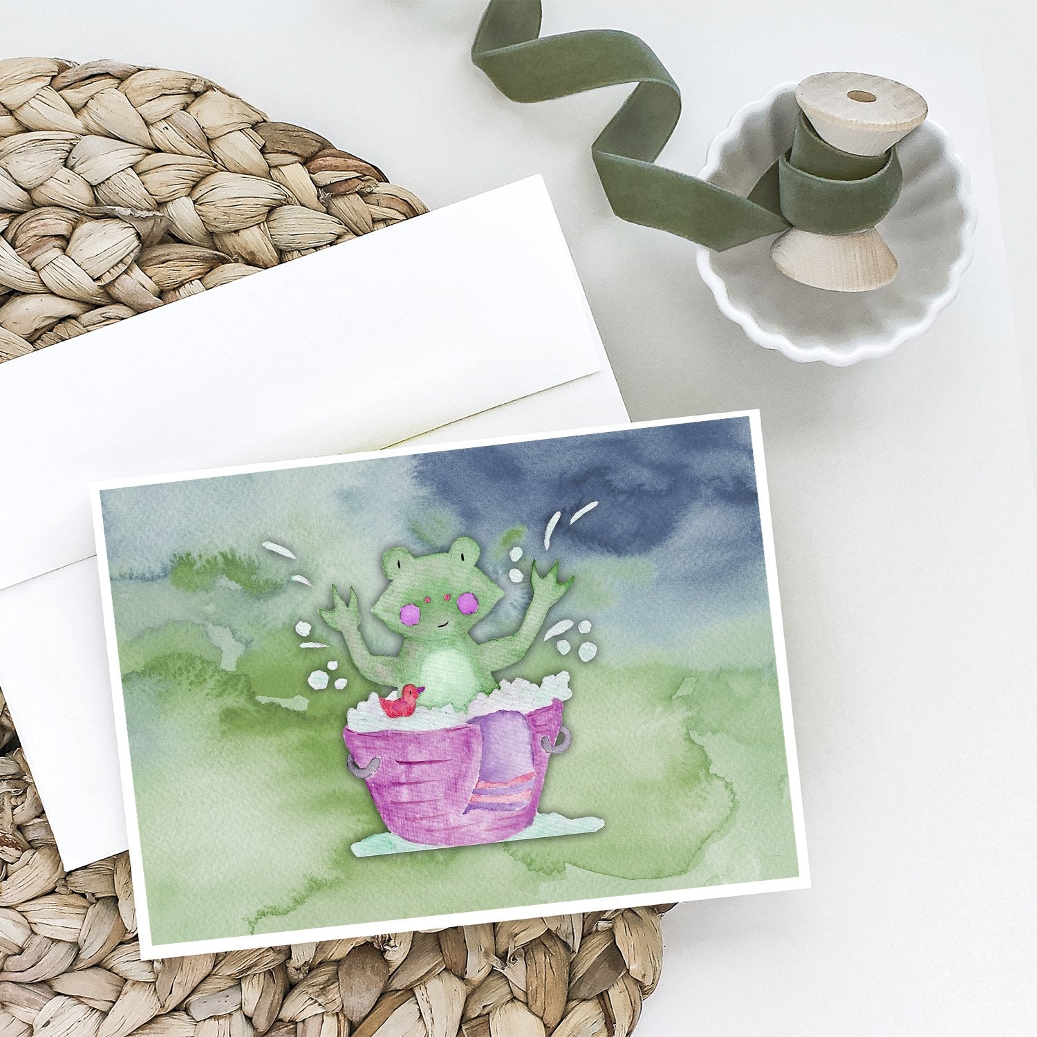 Frog Bathing Watercolor Greeting Cards and Envelopes Pack of 8 - the-store.com