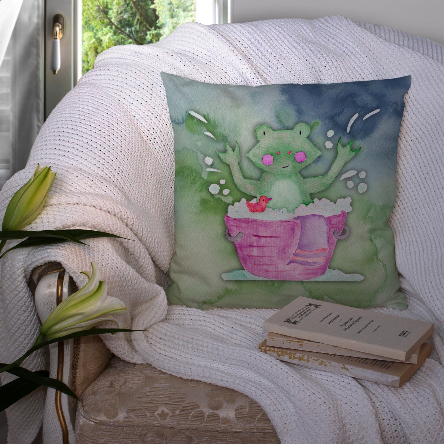 Frog Bathing Watercolor Fabric Decorative Pillow BB7343PW1414 - the-store.com