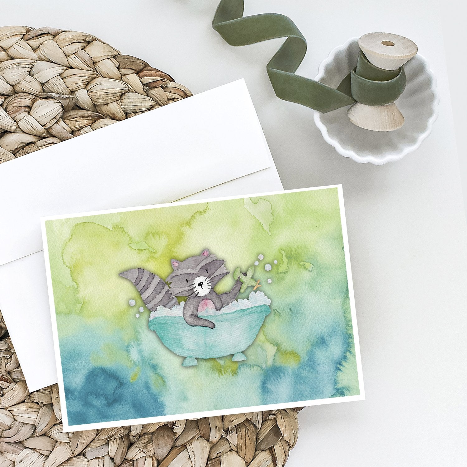 Raccoon Bathing Watercolor Greeting Cards and Envelopes Pack of 8 - the-store.com