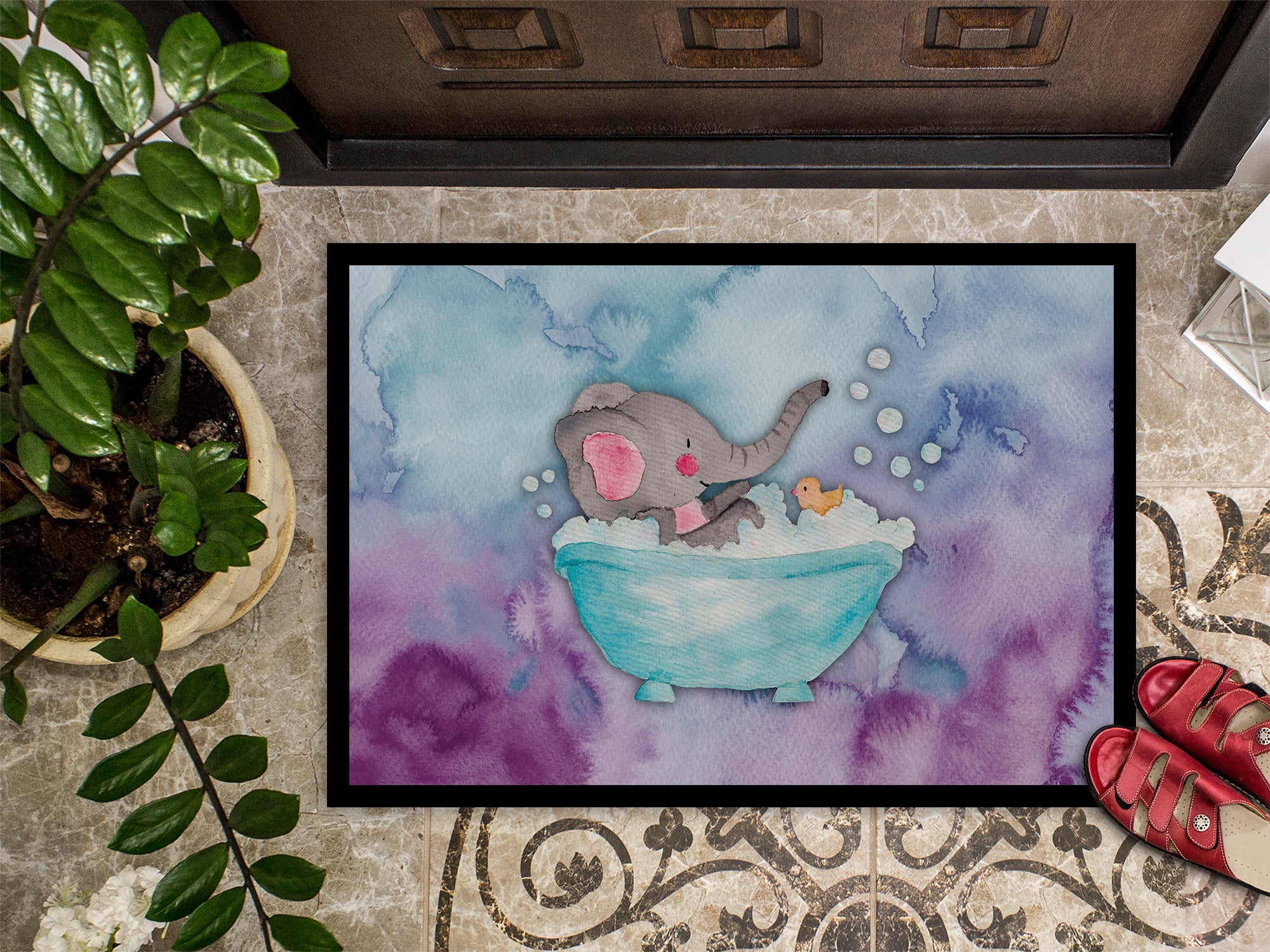 Elephant Bathing Watercolor Indoor or Outdoor Mat 18x27 BB7346MAT - the-store.com
