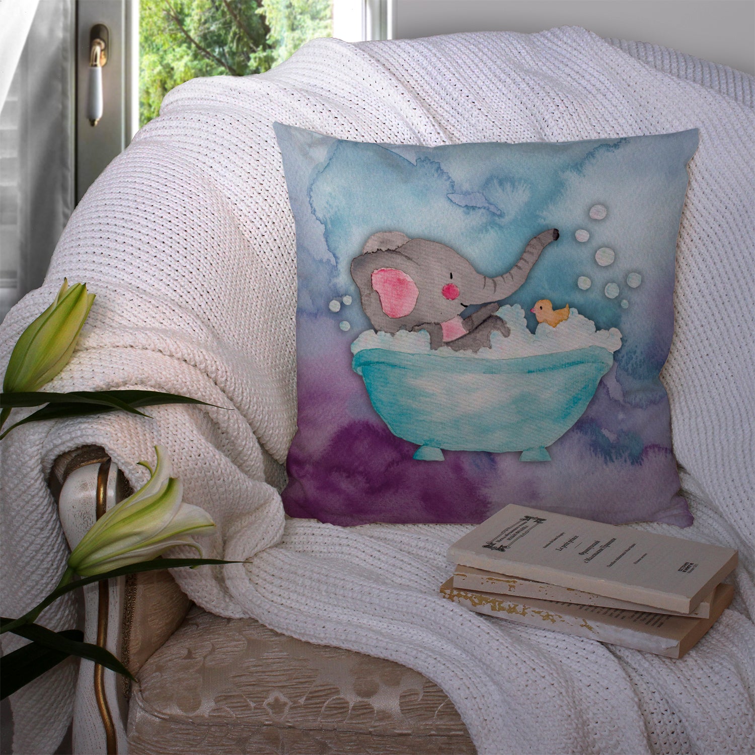 Elephant Bathing Watercolor Fabric Decorative Pillow BB7346PW1414 - the-store.com