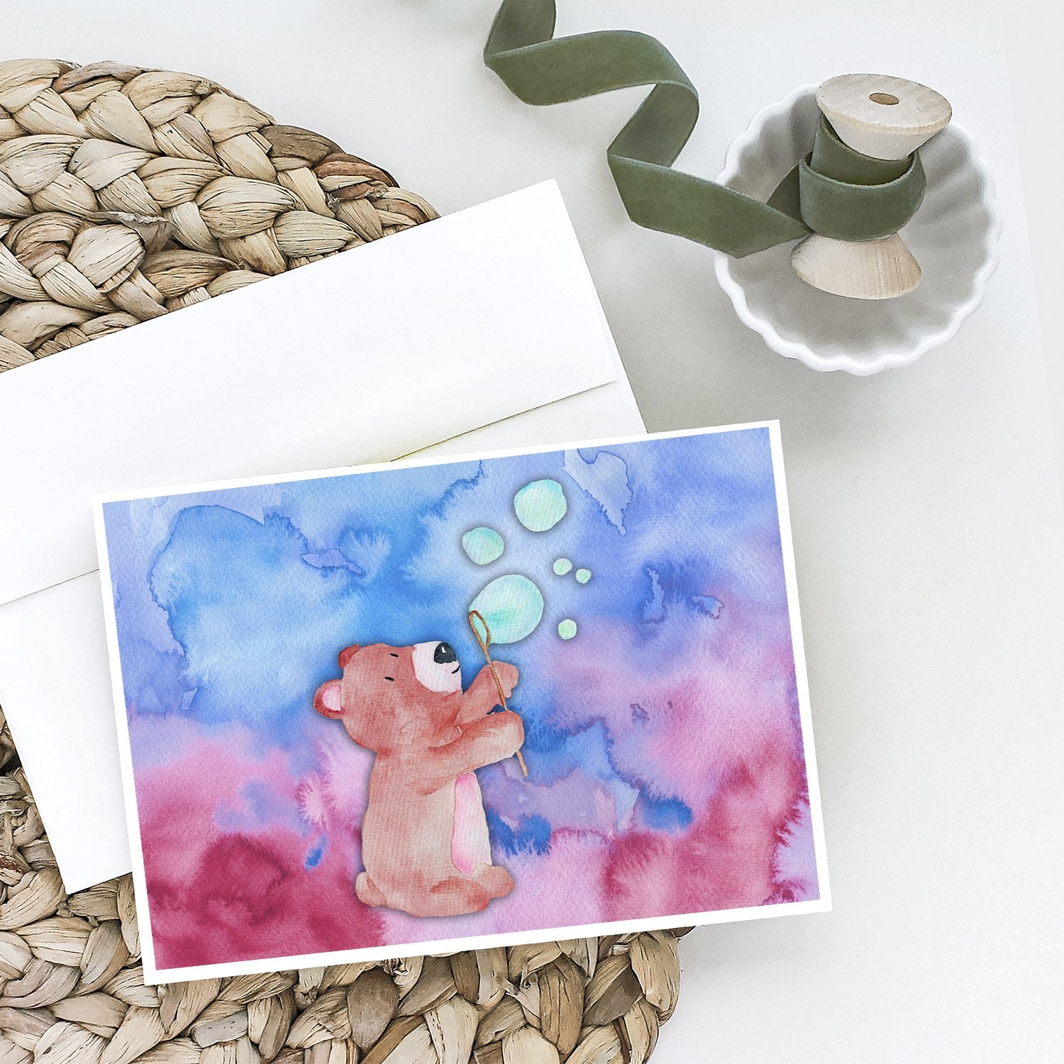 Bear and Bubbles Watercolor Greeting Cards and Envelopes Pack of 8 - the-store.com