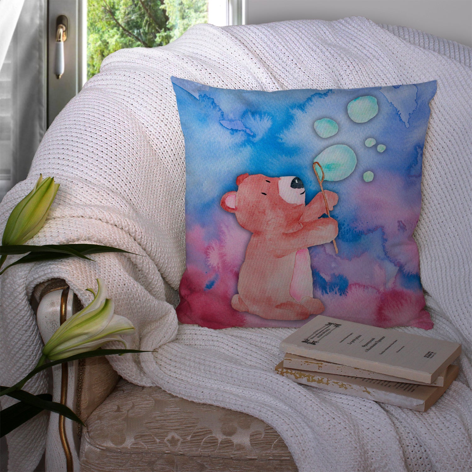 Bear and Bubbles Watercolor Fabric Decorative Pillow BB7347PW1414 - the-store.com