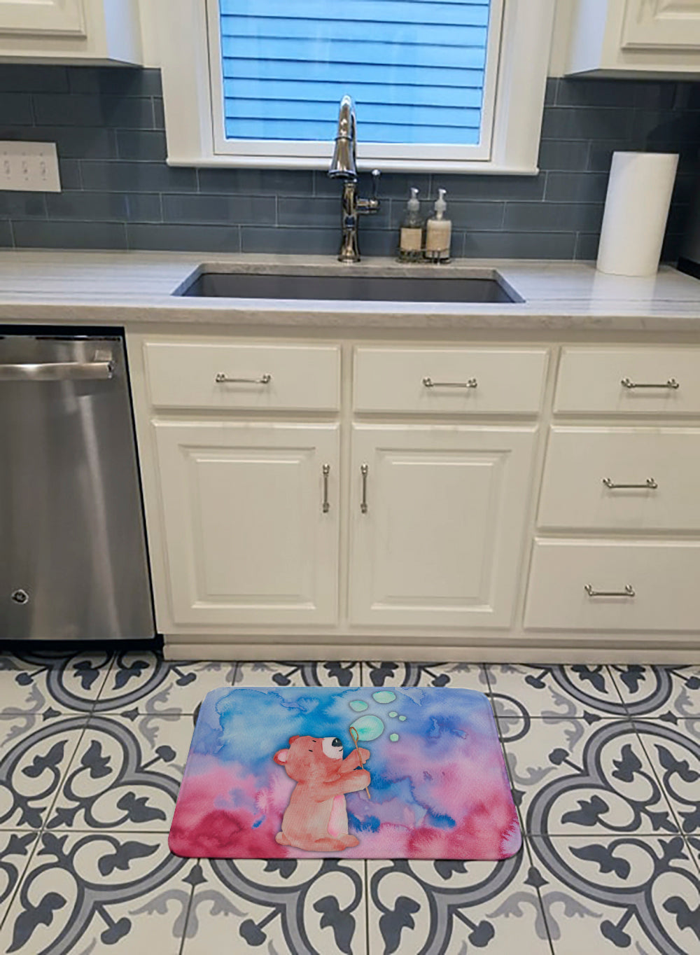 Bear and Bubbles Watercolor Machine Washable Memory Foam Mat BB7347RUG - the-store.com