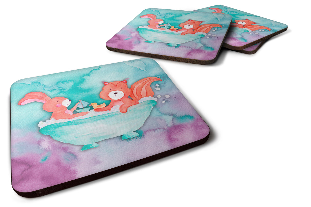 Rabbit and Squirrel Bathing Watercolor Foam Coaster Set of 4 BB7348FC - the-store.com