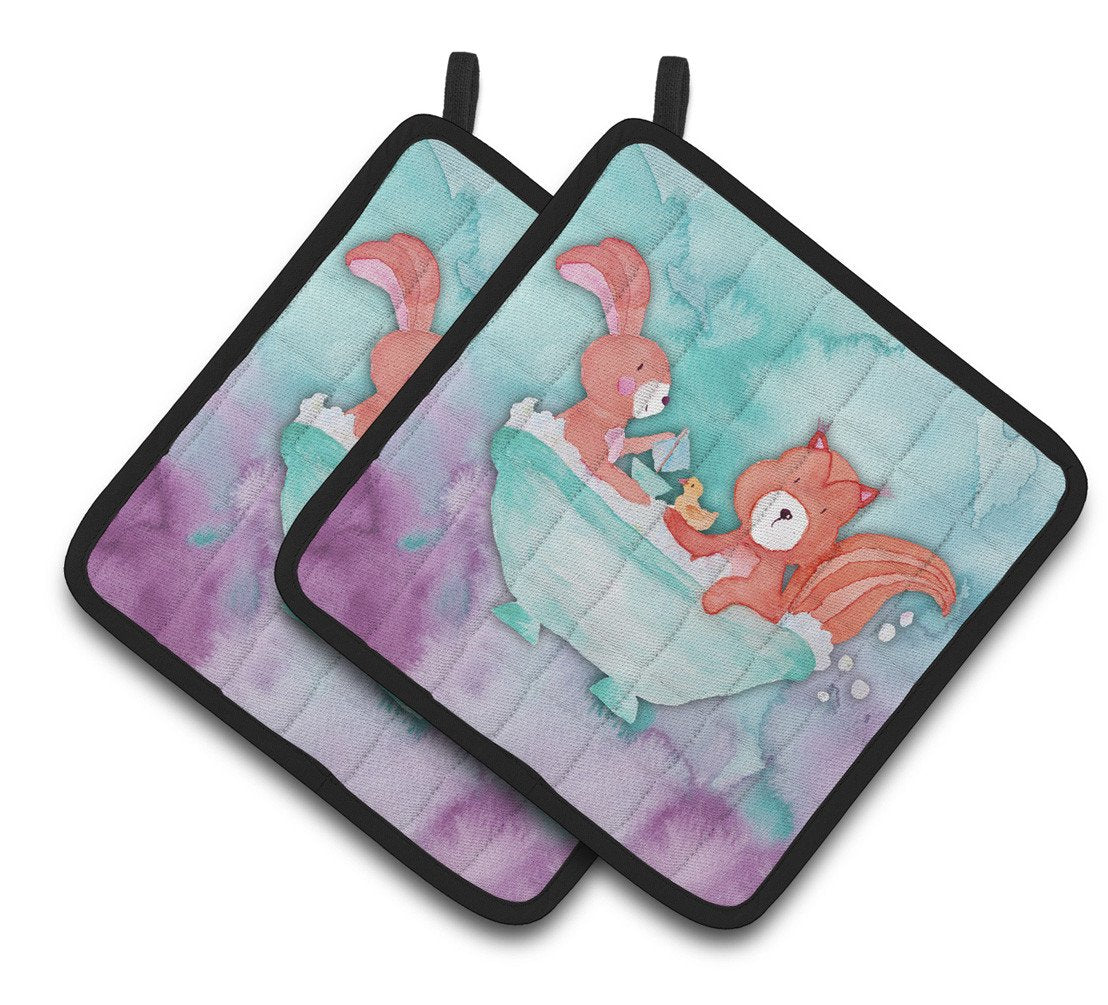 Rabbit and Squirrel Bathing Watercolor Pair of Pot Holders BB7348PTHD by Caroline&#39;s Treasures