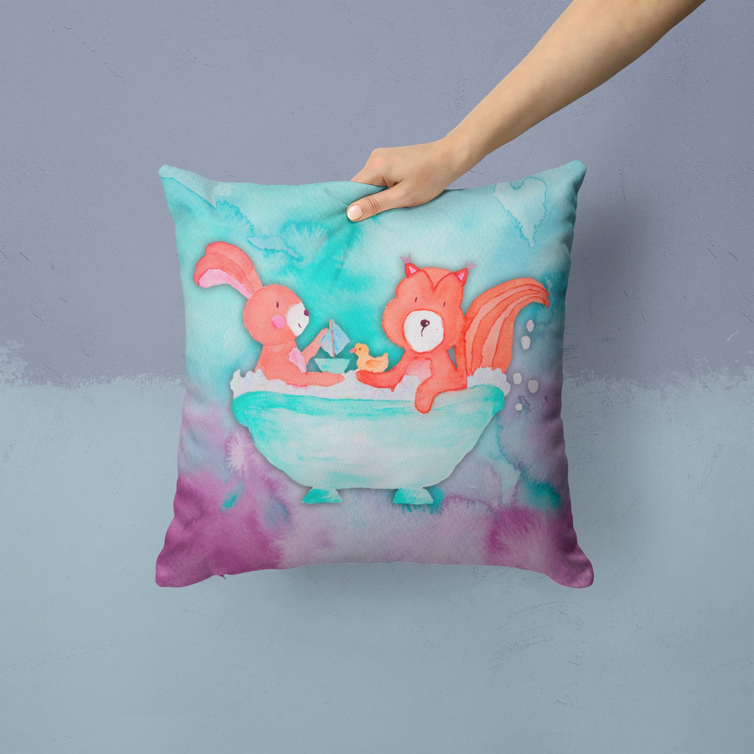 Rabbit and Squirrel Bathing Watercolor Fabric Decorative Pillow BB7348PW1414 - the-store.com