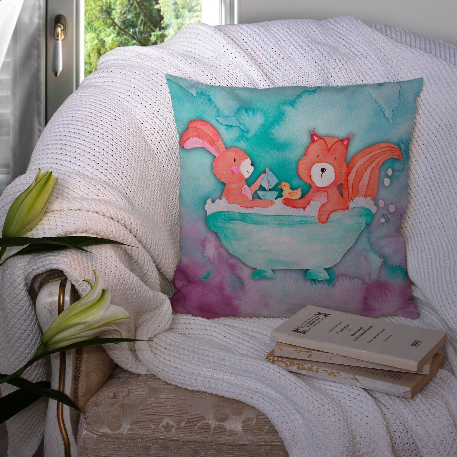Rabbit and Squirrel Bathing Watercolor Fabric Decorative Pillow BB7348PW1414 - the-store.com