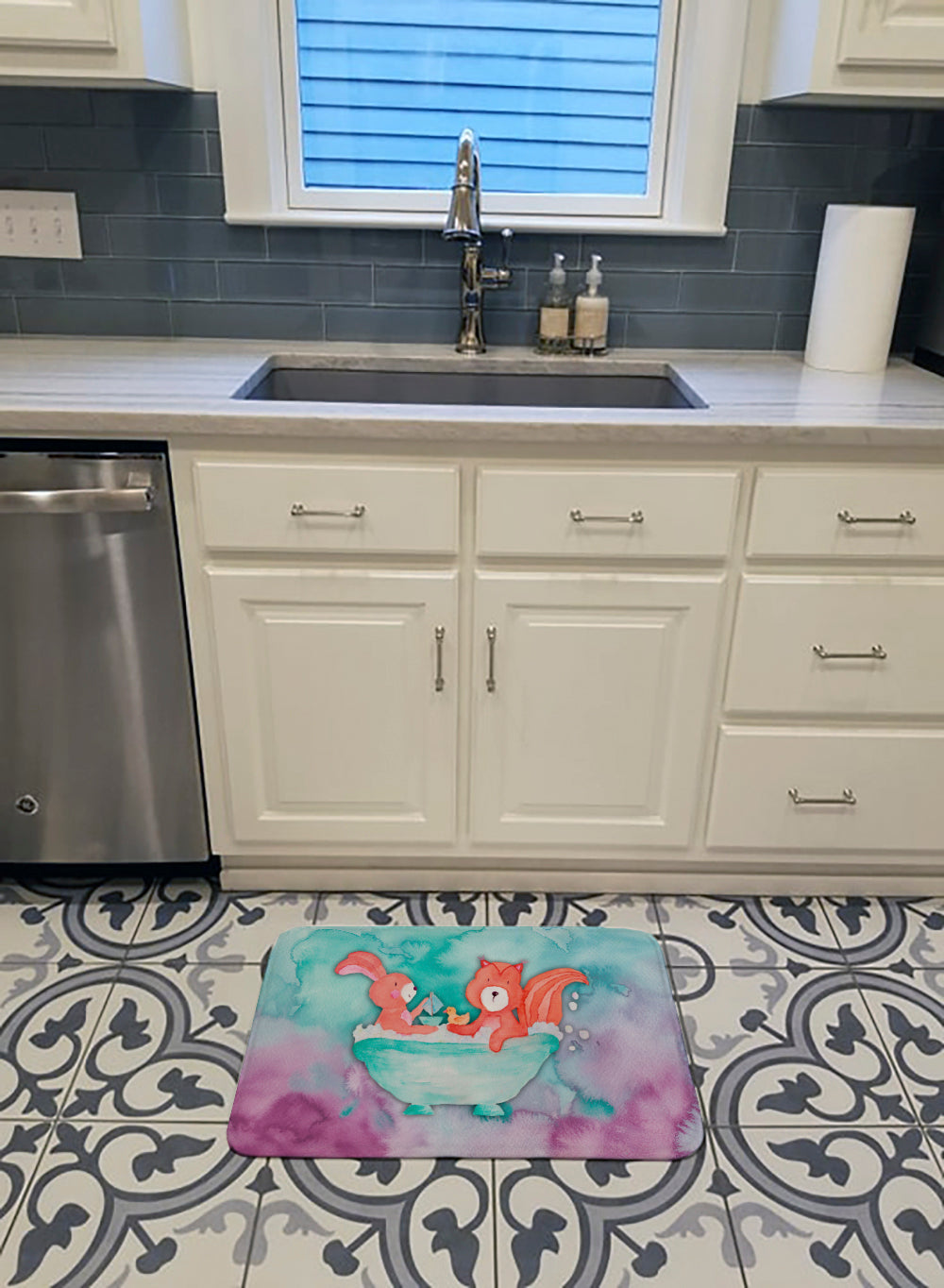 Rabbit and Squirrel Bathing Watercolor Machine Washable Memory Foam Mat BB7348RUG - the-store.com