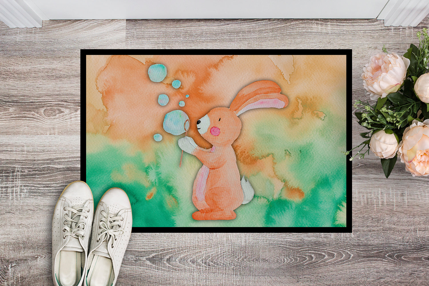 Rabbit and Bubbles Watercolor Indoor or Outdoor Mat 18x27 BB7349MAT - the-store.com
