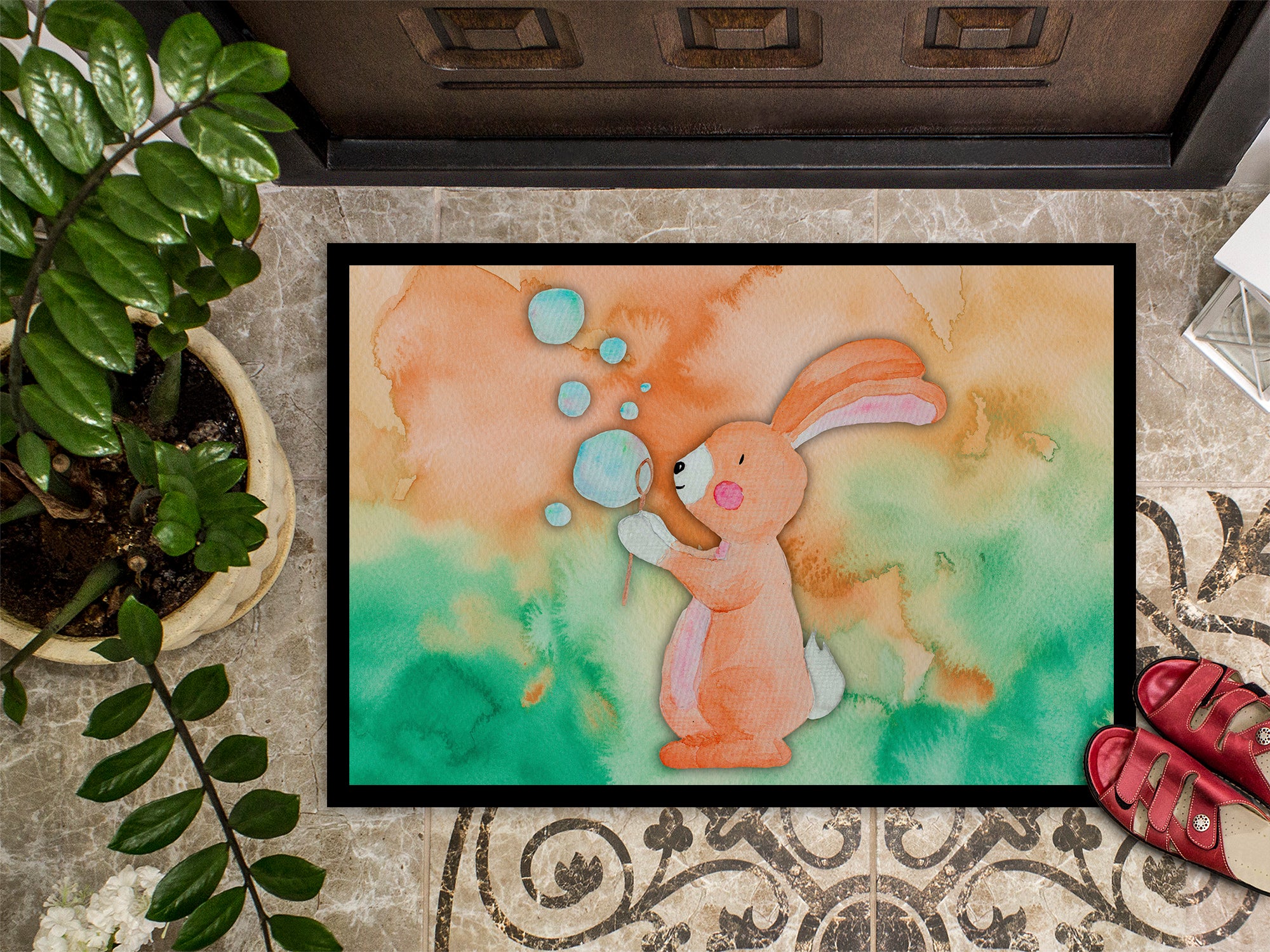 Rabbit and Bubbles Watercolor Indoor or Outdoor Mat 18x27 BB7349MAT - the-store.com