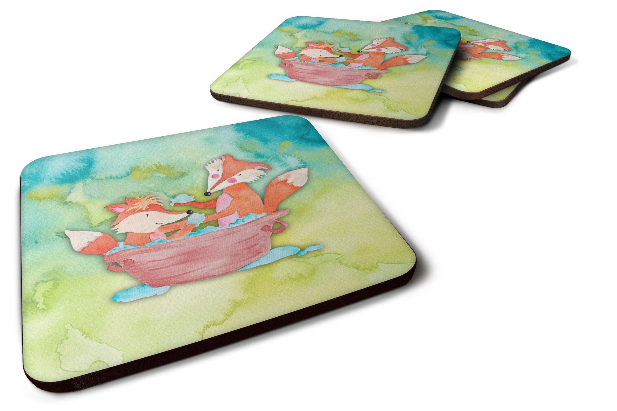 Foxes Bathing Watercolor Foam Coaster Set of 4 BB7350FC - the-store.com