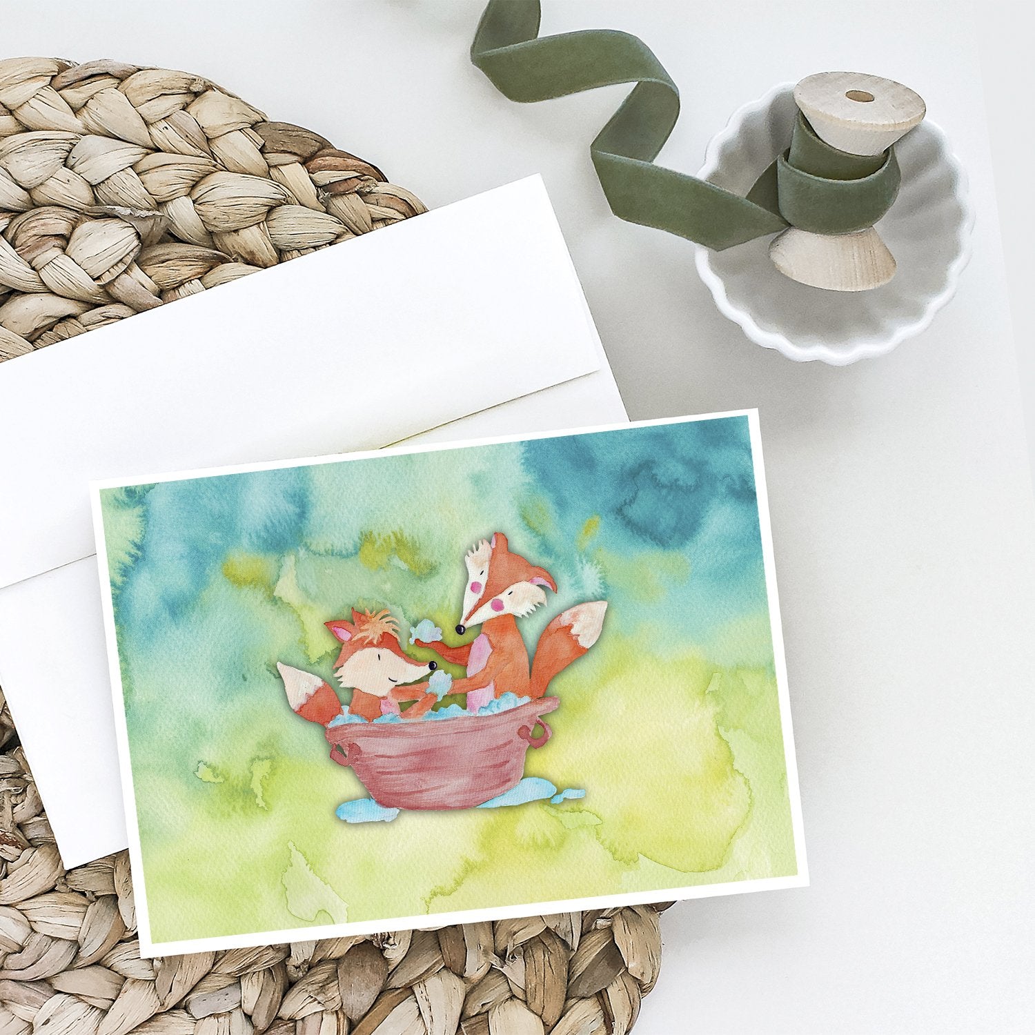 Foxes Bathing Watercolor Greeting Cards and Envelopes Pack of 8 - the-store.com