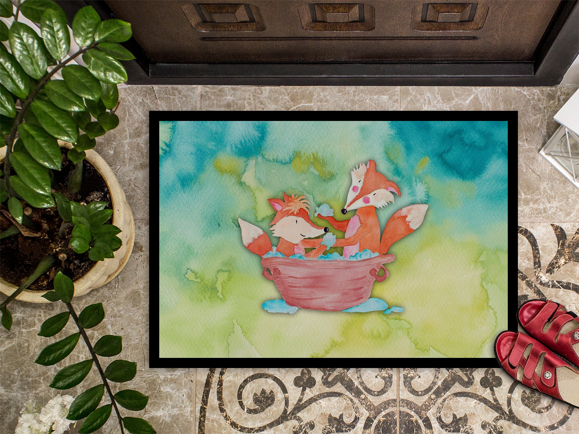 Foxes Bathing Watercolor Indoor or Outdoor Mat 18x27 BB7350MAT - the-store.com