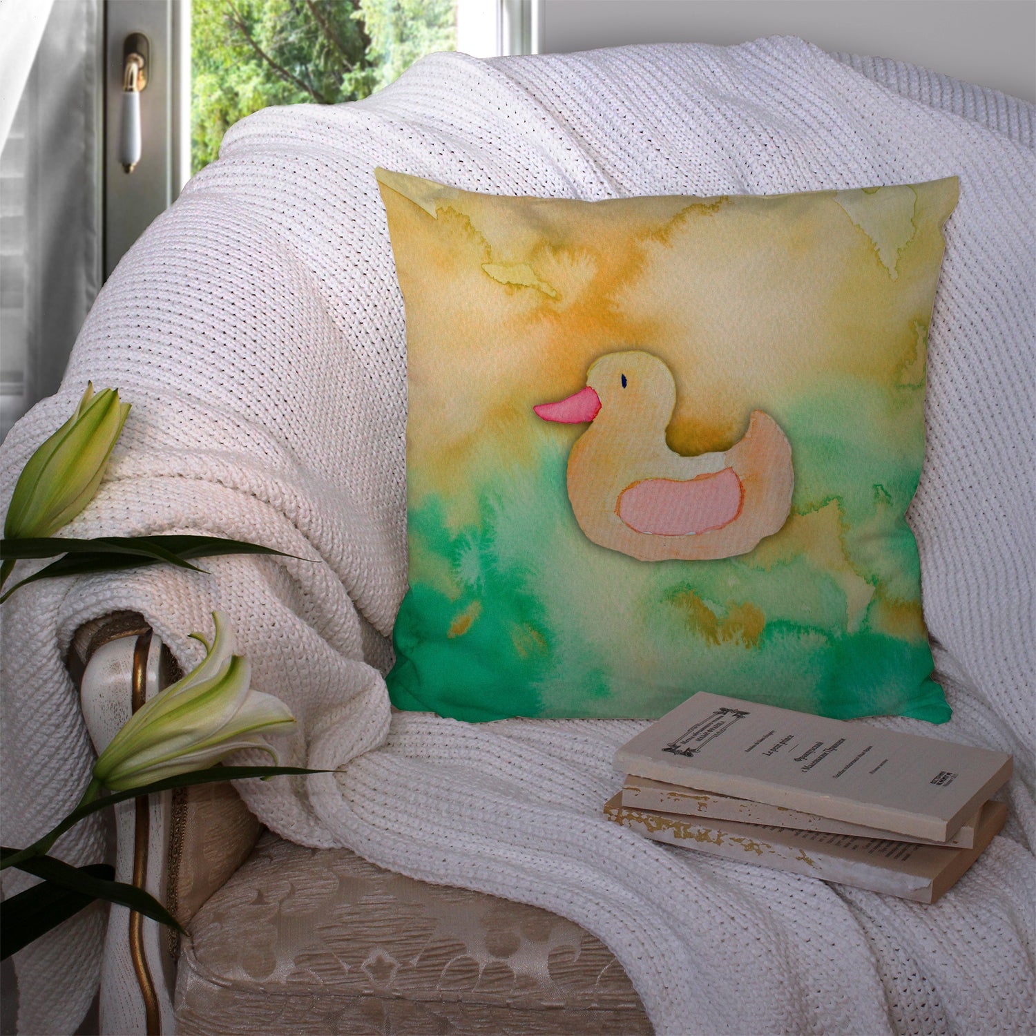 Rubber Duckie Watercolor Fabric Decorative Pillow BB7351PW1414 - the-store.com