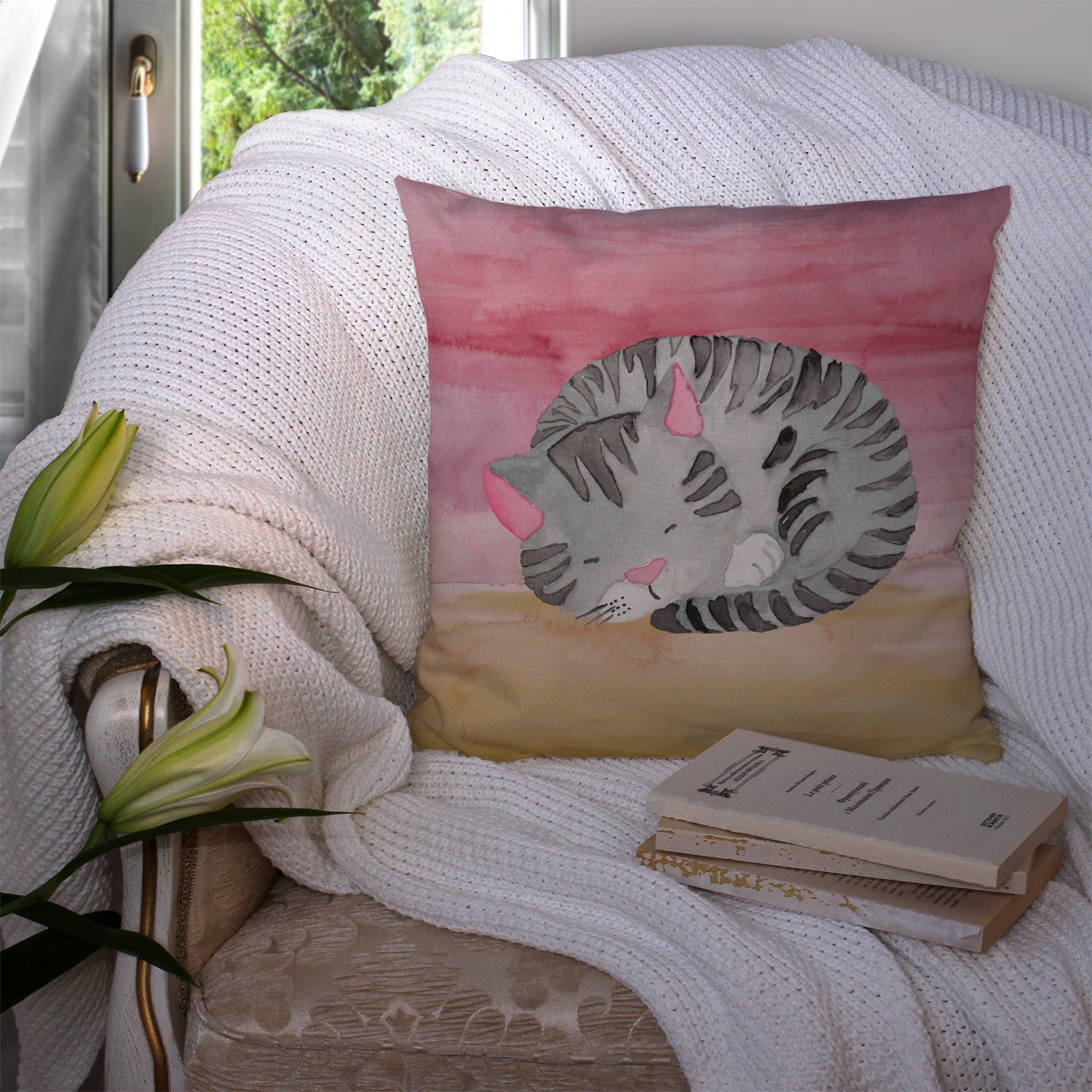 Sleeping Grey Cat Watercolor Fabric Decorative Pillow BB7353PW1414 - the-store.com
