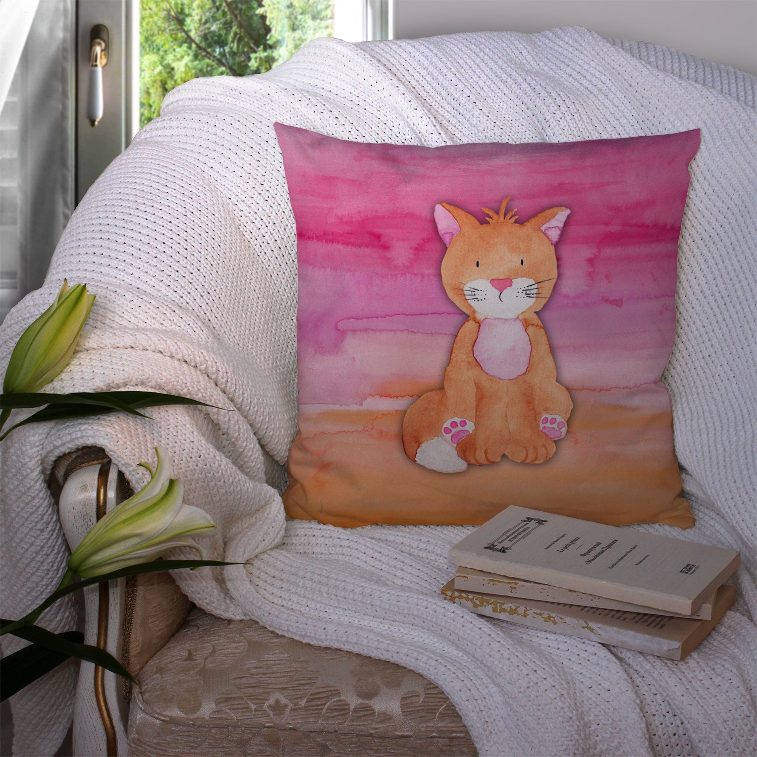 Orange Cat Watercolor Fabric Decorative Pillow BB7354PW1414 - the-store.com