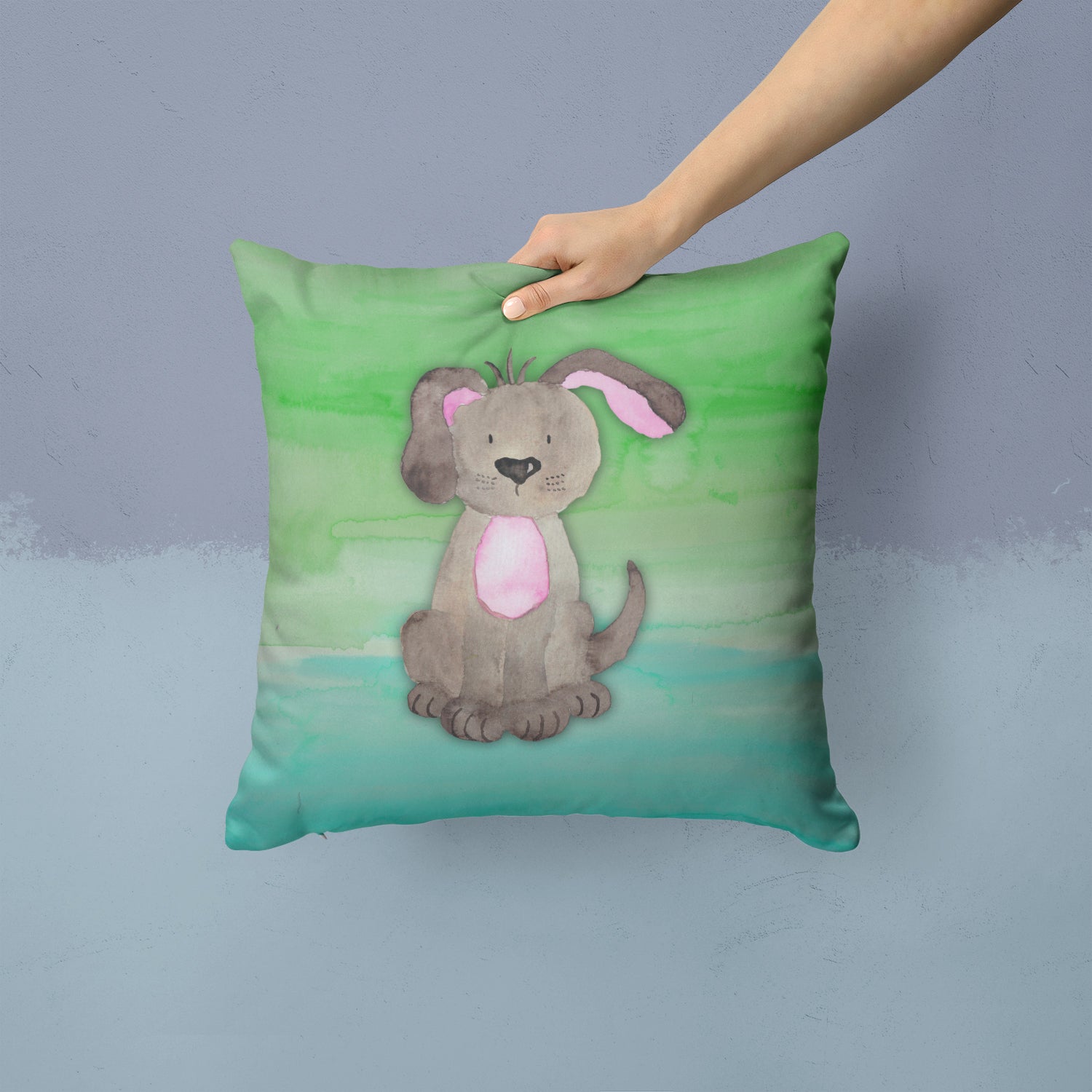 Dog Teal and Green Watercolor Fabric Decorative Pillow BB7357PW1414 - the-store.com