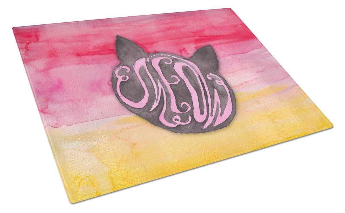 Cat Face Meow Watercolor Glass Cutting Board Large BB7358LCB by Caroline&#39;s Treasures