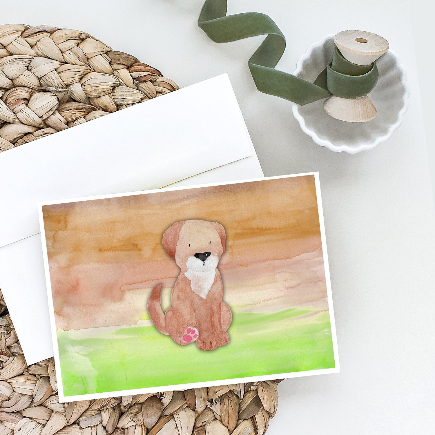 Dog Green and Brown Watercolor Greeting Cards and Envelopes Pack of 8 - the-store.com