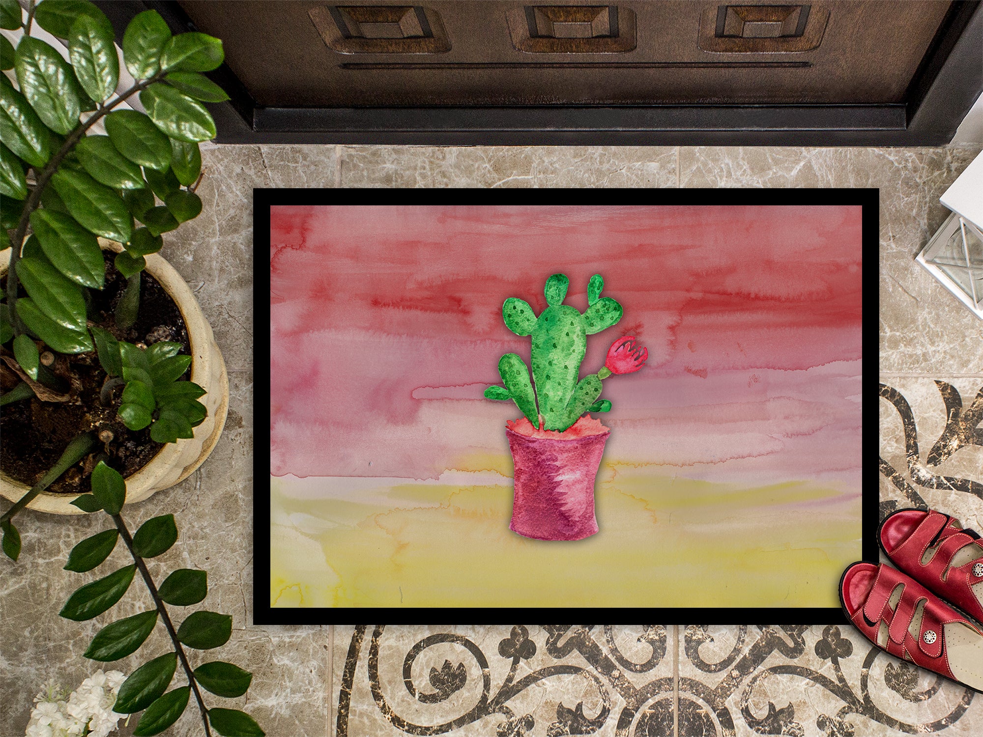 Flowering Cactus Watercolor Indoor or Outdoor Mat 18x27 BB7361MAT - the-store.com