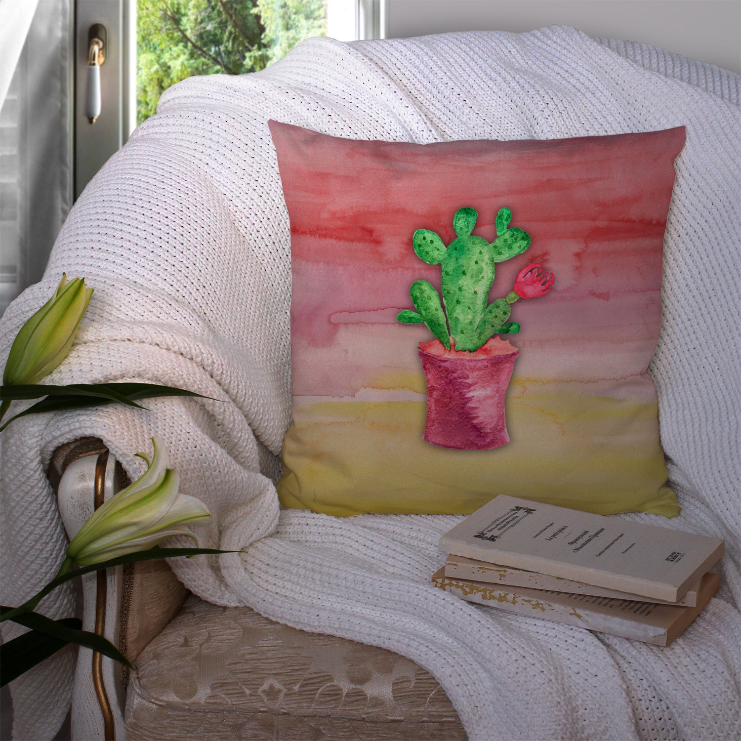 Flowering Cactus Watercolor Fabric Decorative Pillow BB7361PW1414 - the-store.com