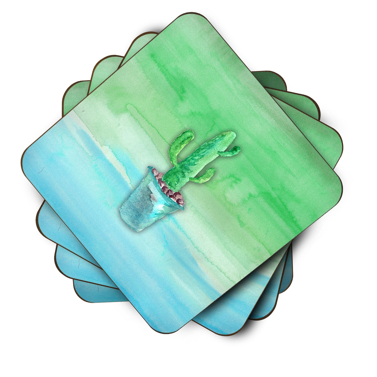 Cactus Teal and Green Watercolor Foam Coaster Set of 4 BB7362FC - the-store.com