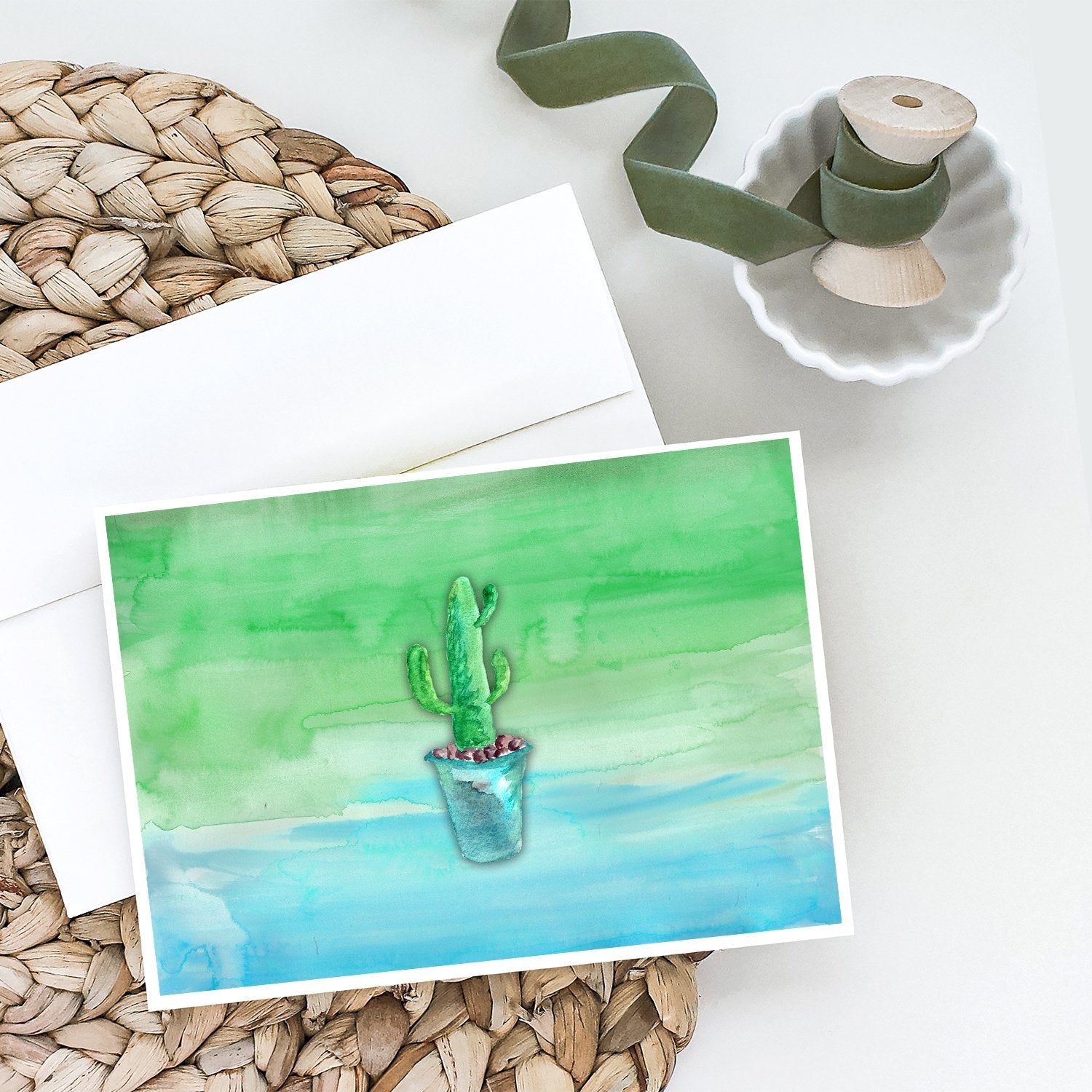 Cactus Teal and Green Watercolor Greeting Cards and Envelopes Pack of 8 - the-store.com