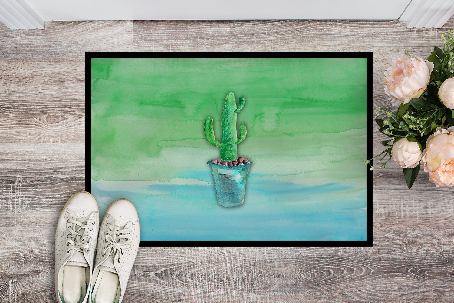 Cactus Teal and Green Watercolor Indoor or Outdoor Mat 18x27 BB7362MAT - the-store.com
