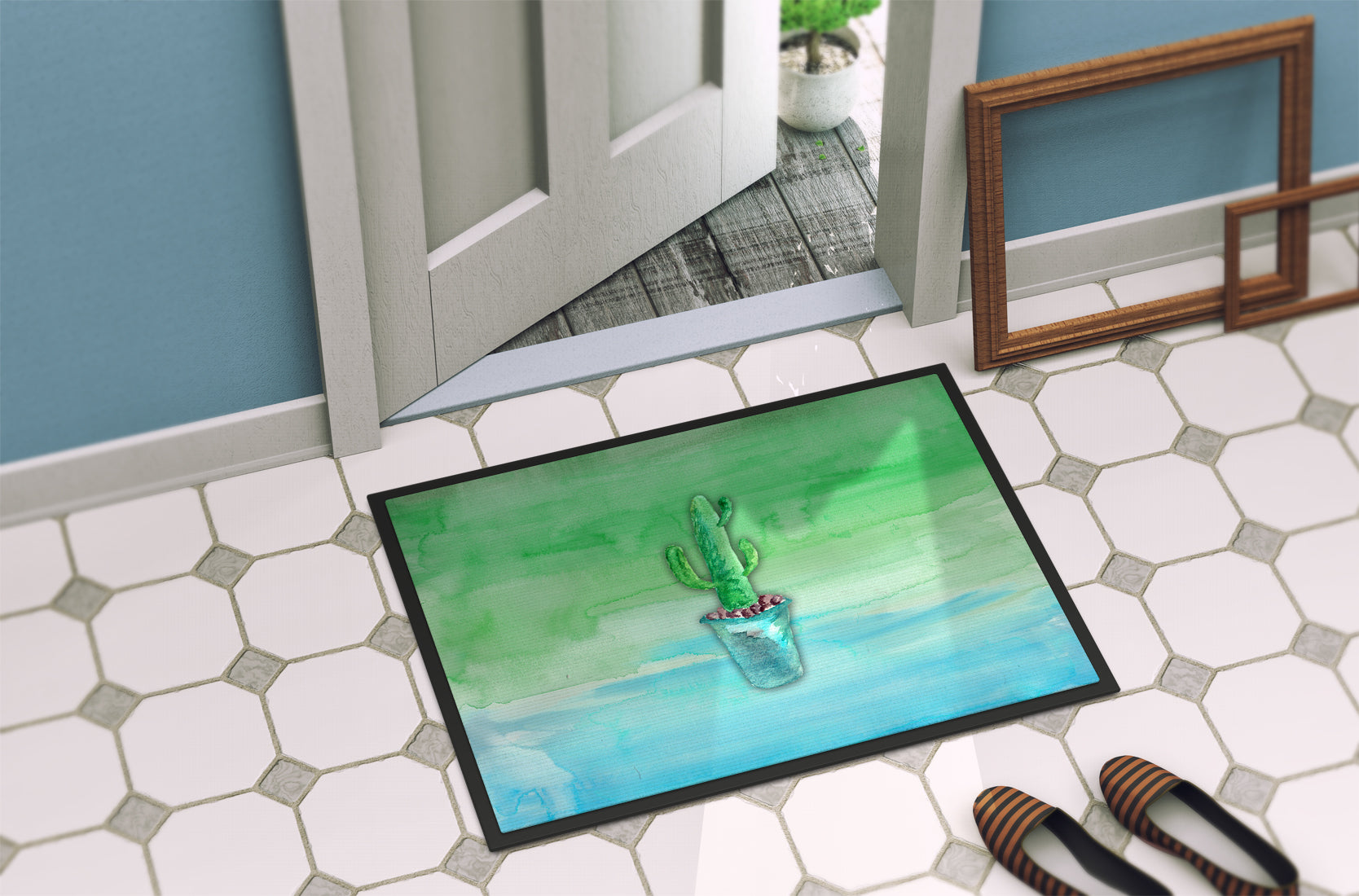 Cactus Teal and Green Watercolor Indoor or Outdoor Mat 18x27 BB7362MAT - the-store.com