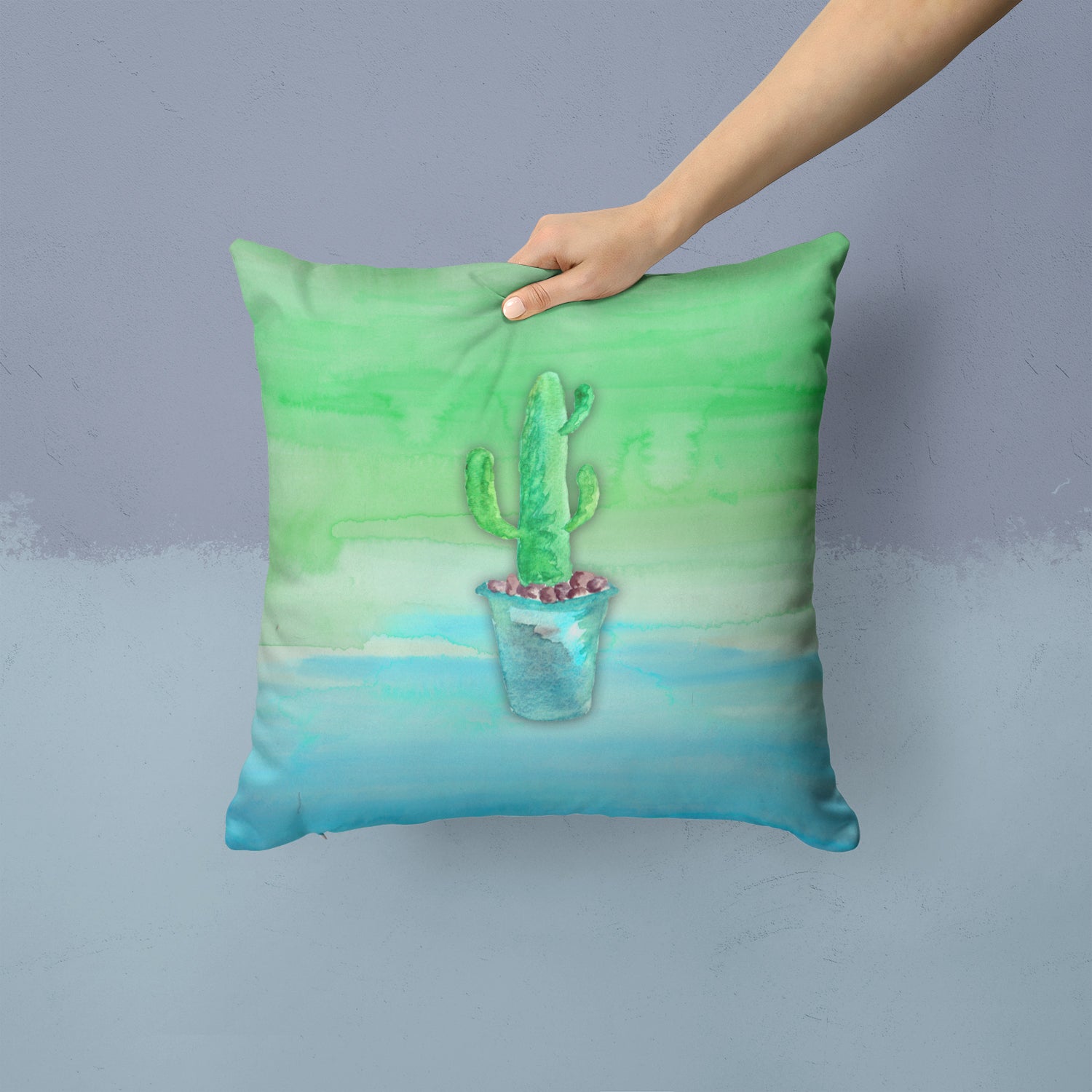 Cactus Teal and Green Watercolor Fabric Decorative Pillow BB7362PW1414 - the-store.com