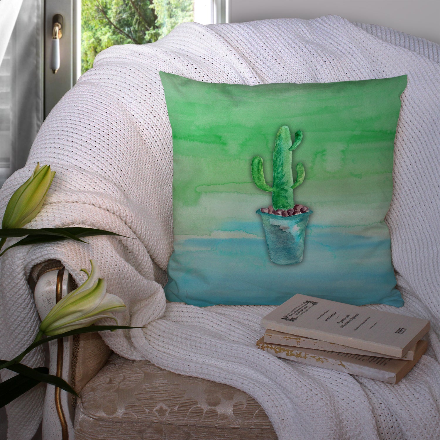 Cactus Teal and Green Watercolor Fabric Decorative Pillow BB7362PW1414 - the-store.com
