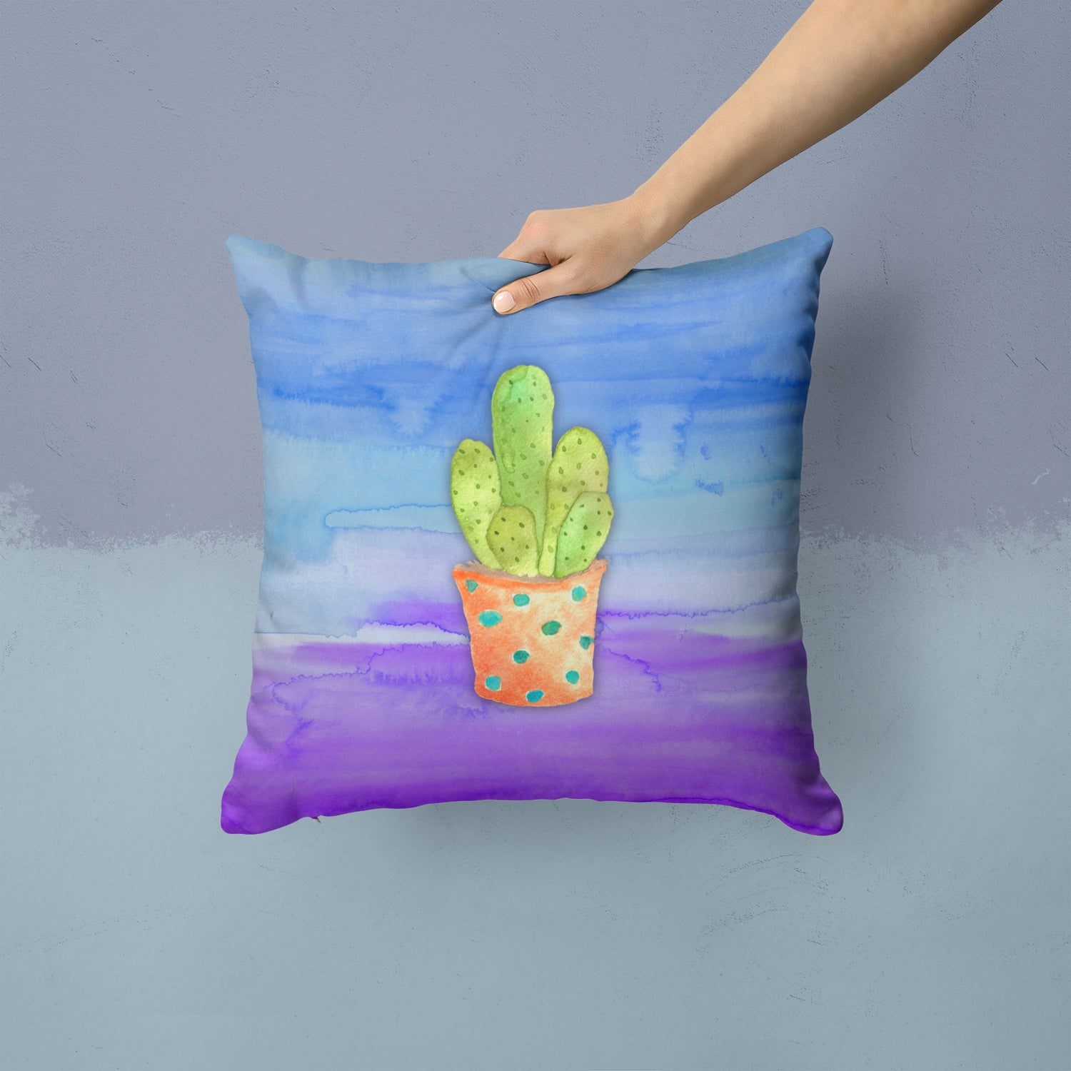 Caroline's Treasures Cactus Blue and Purple Watercolor Throw Pillow - 14x14 Decorative Pillow – Art for Your Home & Patio BB7363PW1414