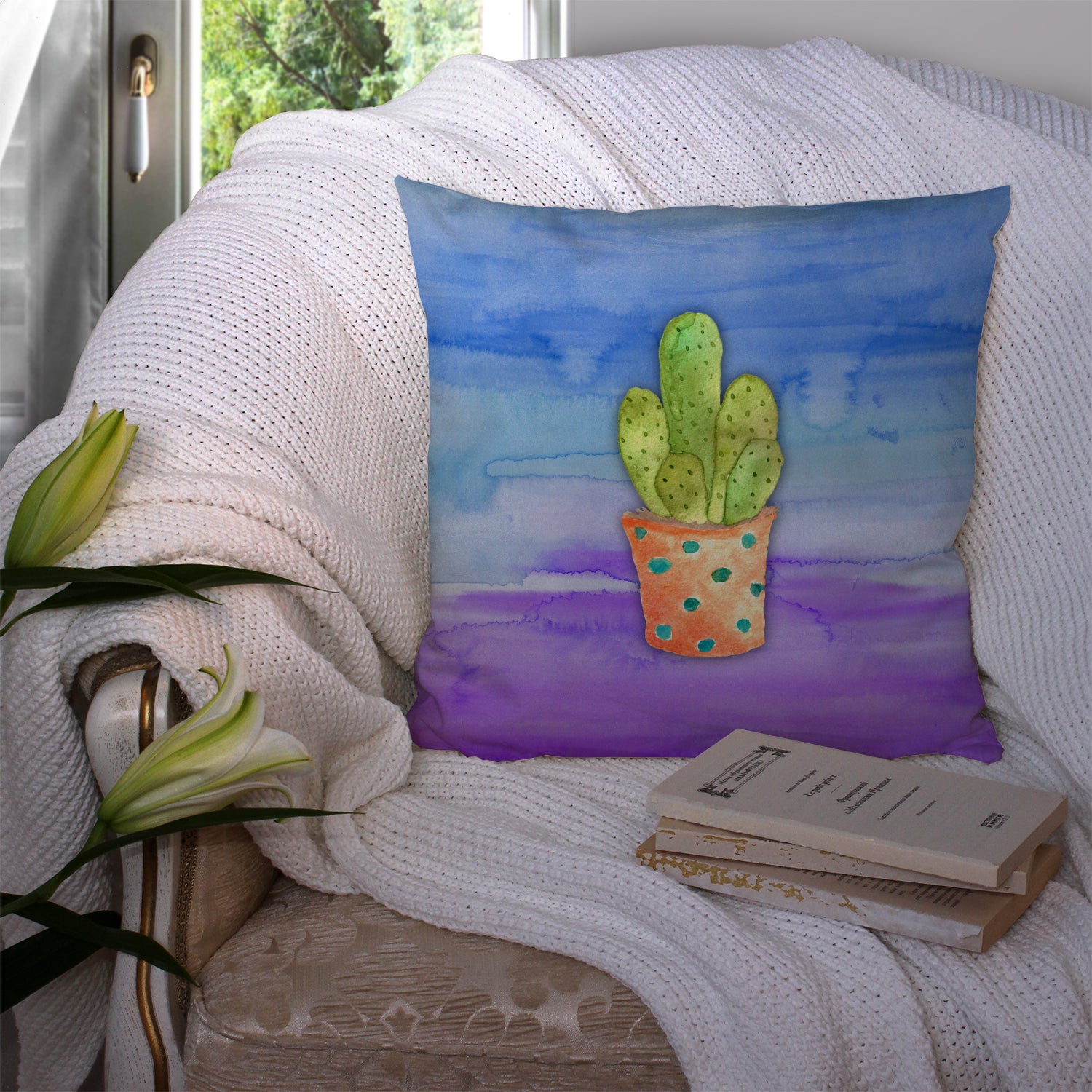 Cactus Blue and Purple Watercolor Fabric Decorative Pillow BB7363PW1414 - the-store.com