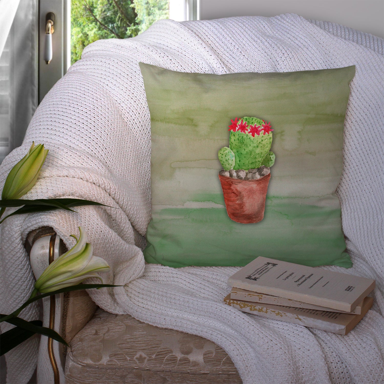 Cactus Green Watercolor Fabric Decorative Pillow BB7364PW1414 - the-store.com