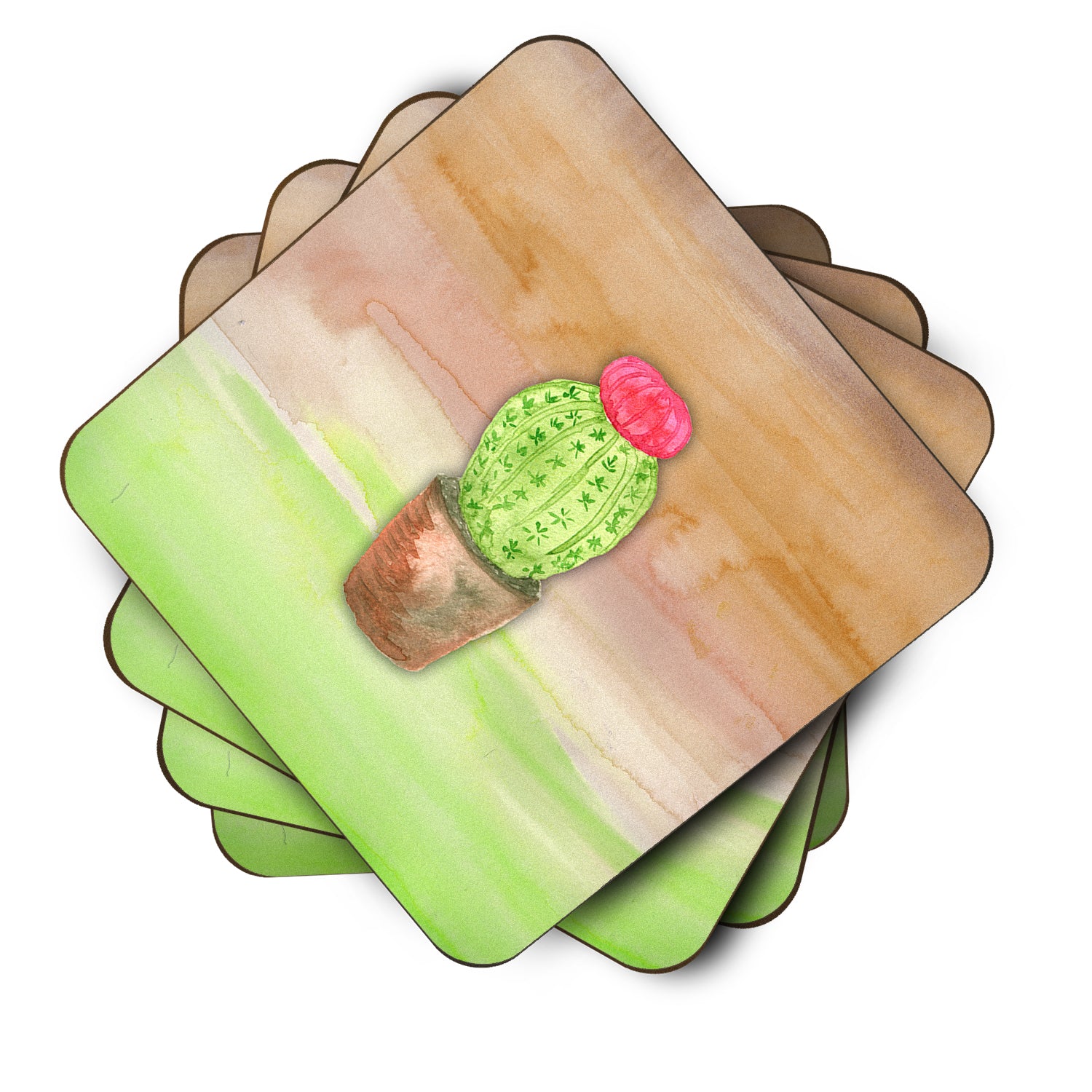 Cactus Green and Brown Watercolor Foam Coaster Set of 4 BB7365FC - the-store.com