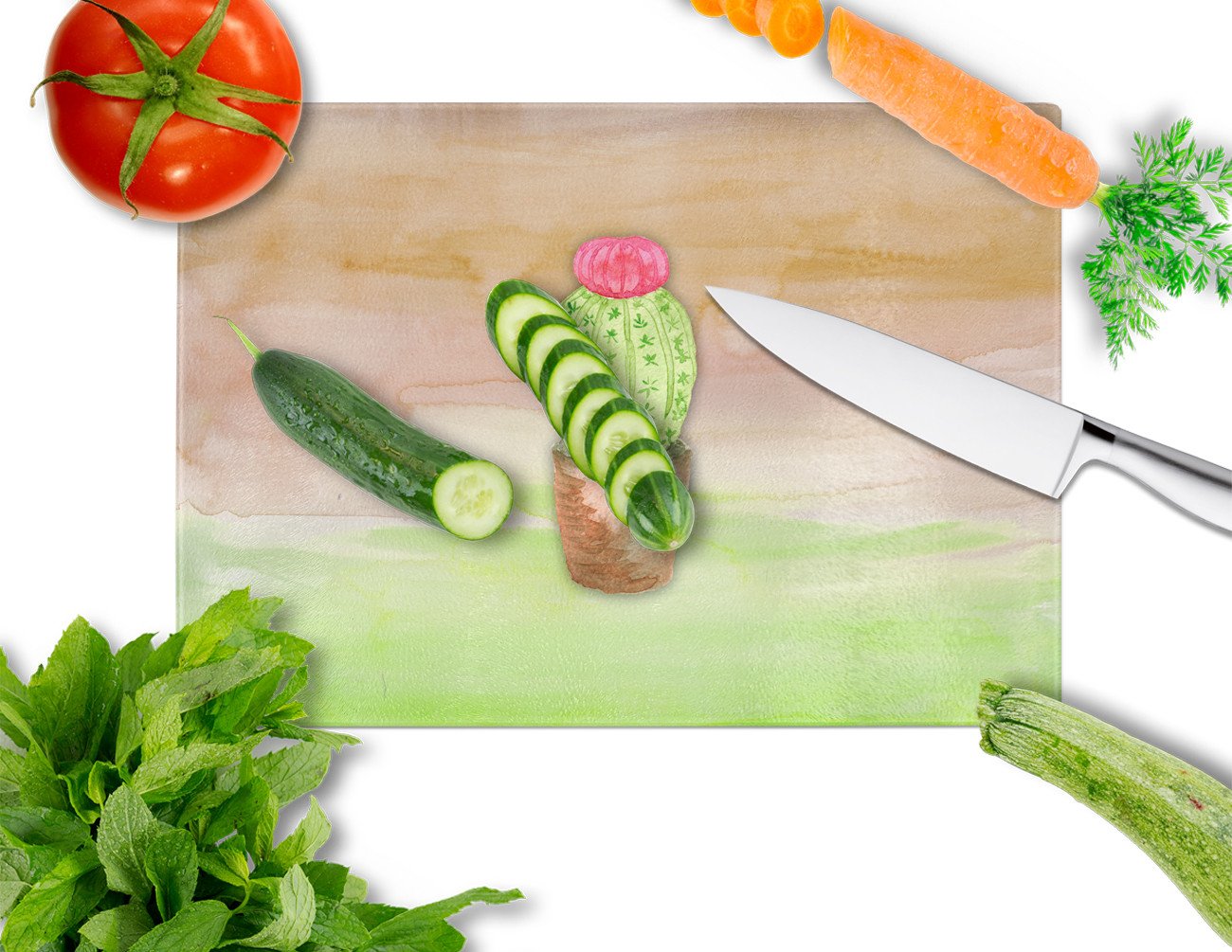 Cactus Green and Brown Watercolor Glass Cutting Board Large BB7365LCB by Caroline's Treasures