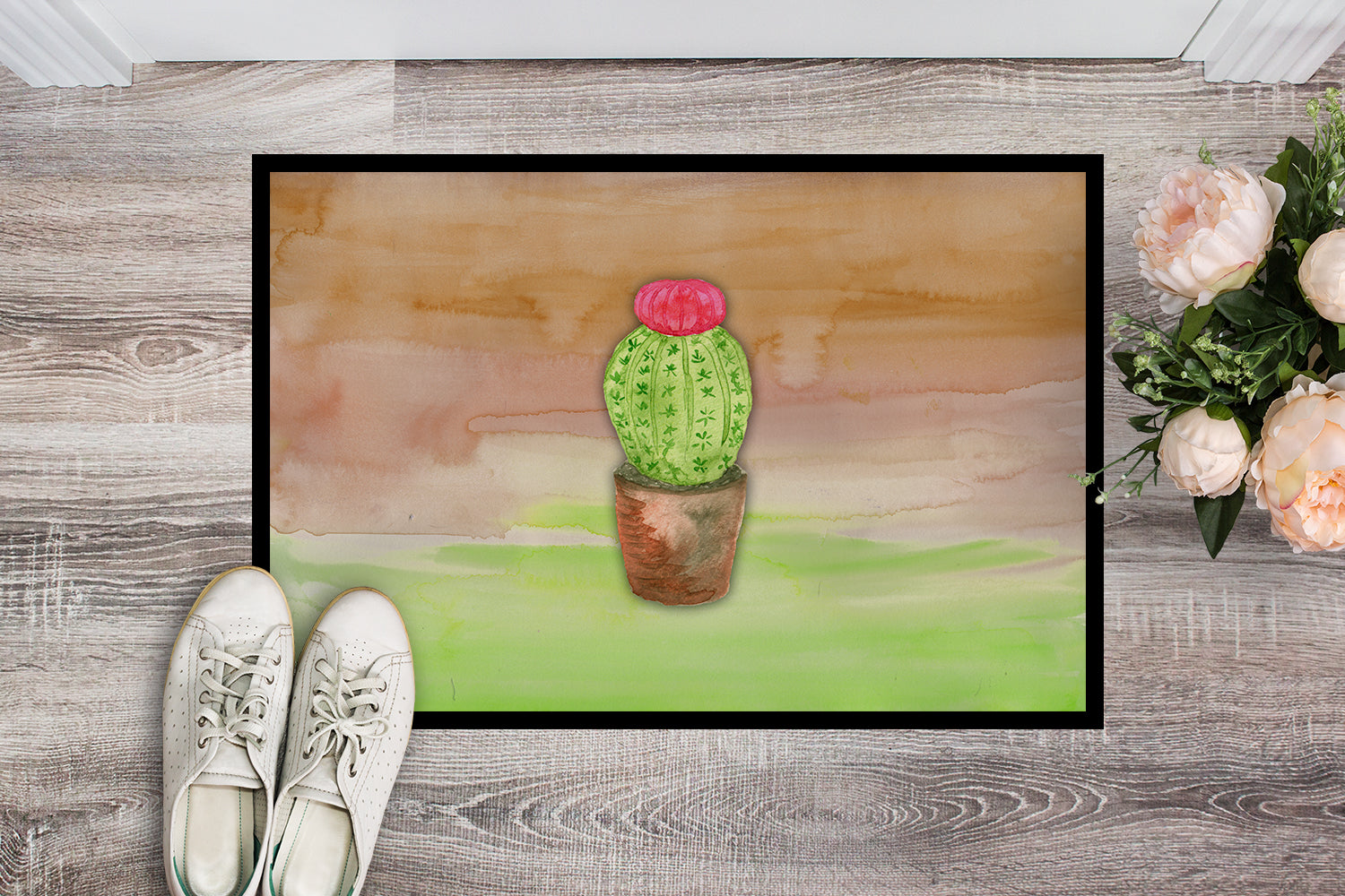 Cactus Green and Brown Watercolor Indoor or Outdoor Mat 18x27 BB7365MAT - the-store.com