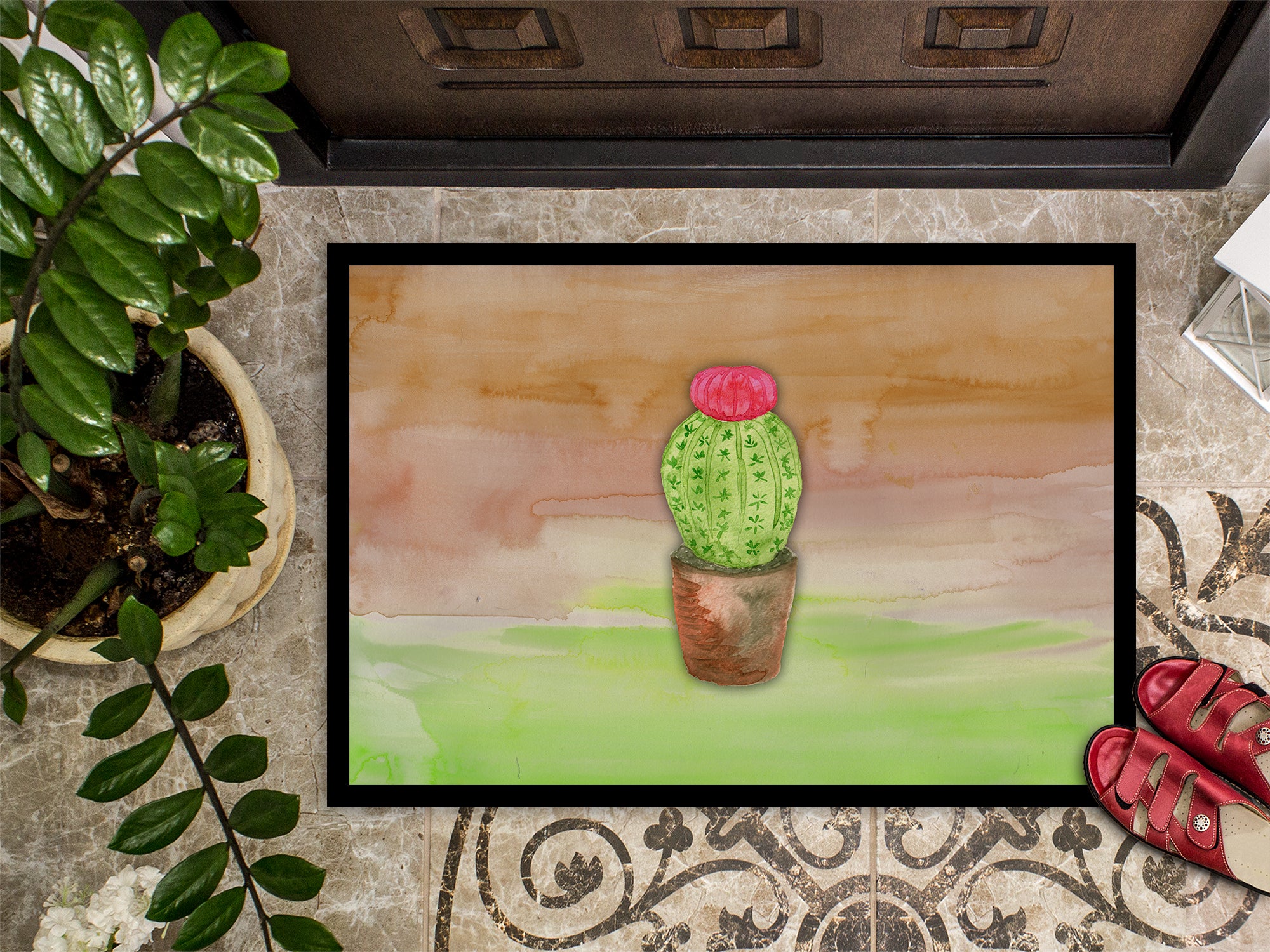 Cactus Green and Brown Watercolor Indoor or Outdoor Mat 18x27 BB7365MAT - the-store.com