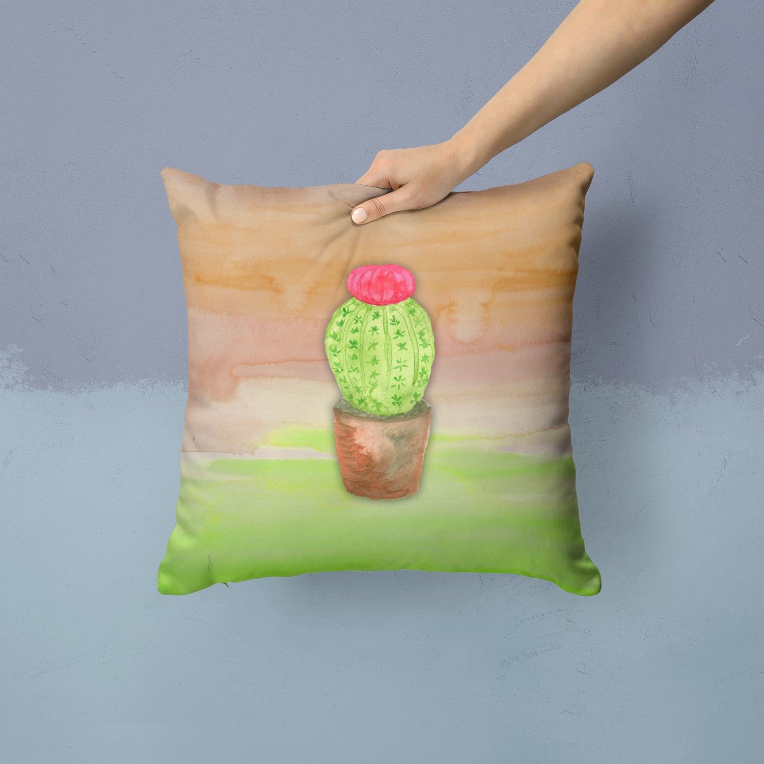 Cactus Green and Brown Watercolor Fabric Decorative Pillow BB7365PW1414 - the-store.com
