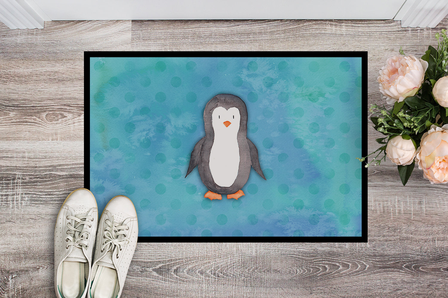 Caroline's Treasures Polkadot Penguin Watercolor Doormat - 18x27 Decorative Floor Mat – Indoor/Outdoor Rug with Artistic Flair BB7376MAT