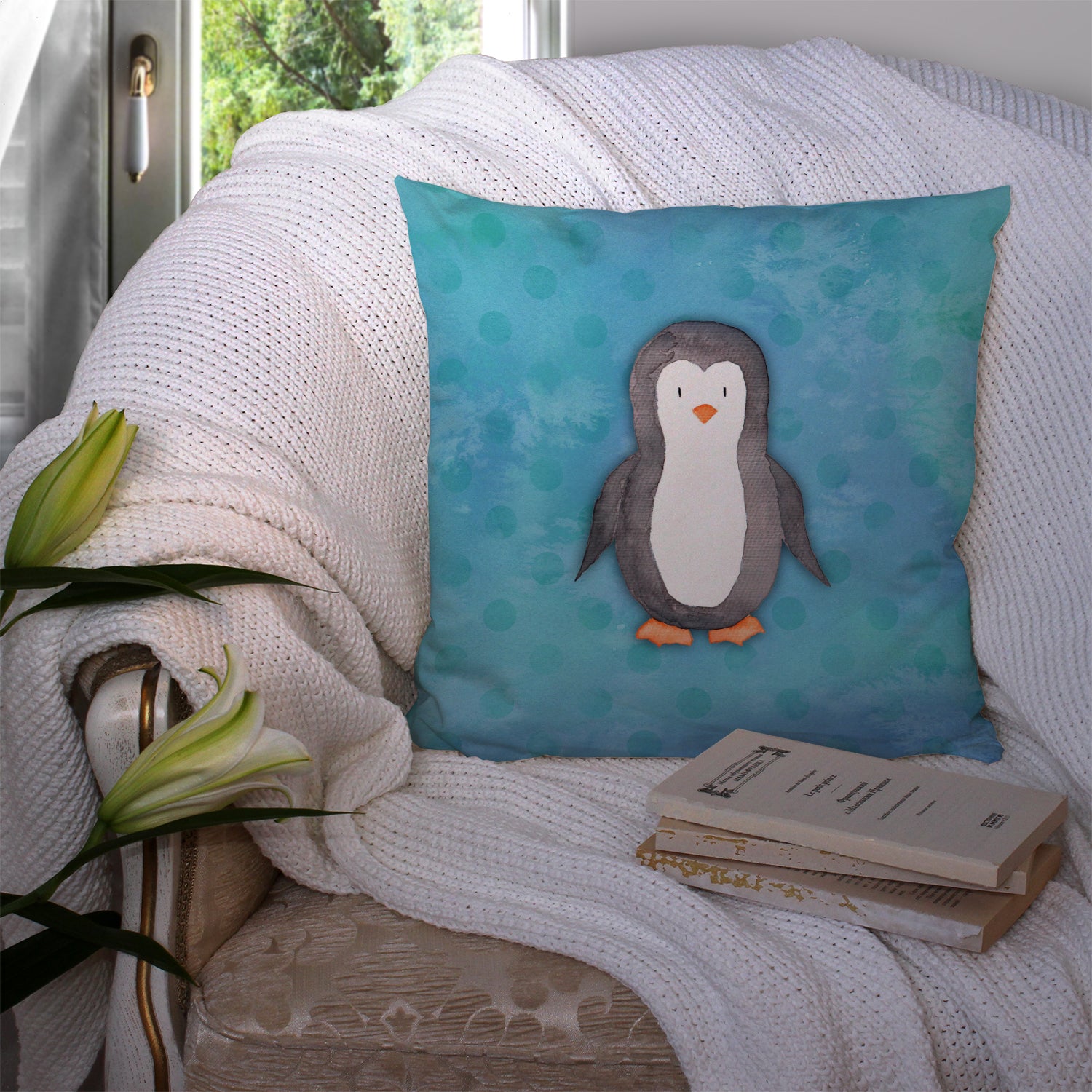 Polkadot Penguin Watercolor Fabric Decorative Pillow BB7376PW1414 - the-store.com