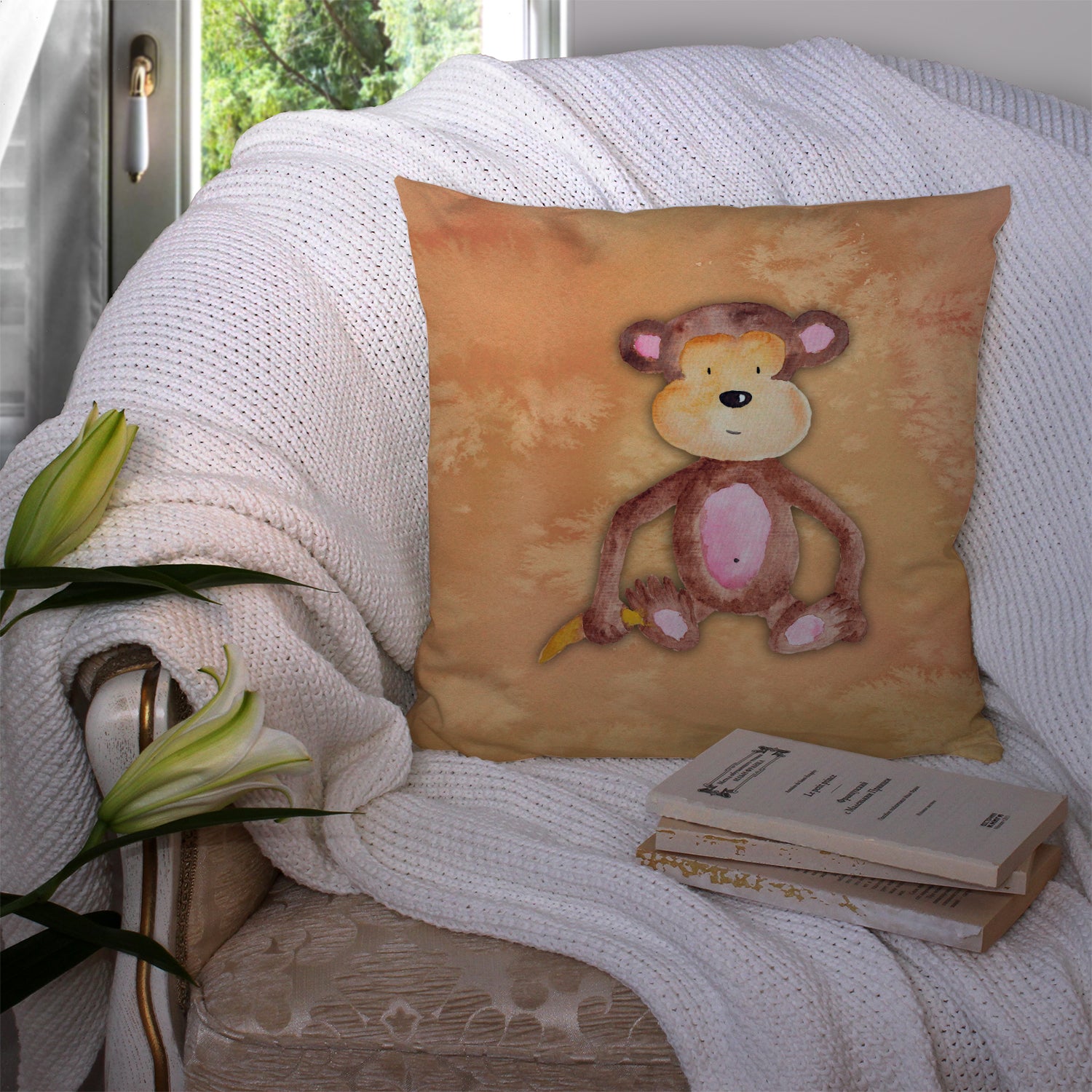 Monkey Watercolor Fabric Decorative Pillow BB7380PW1414 - the-store.com